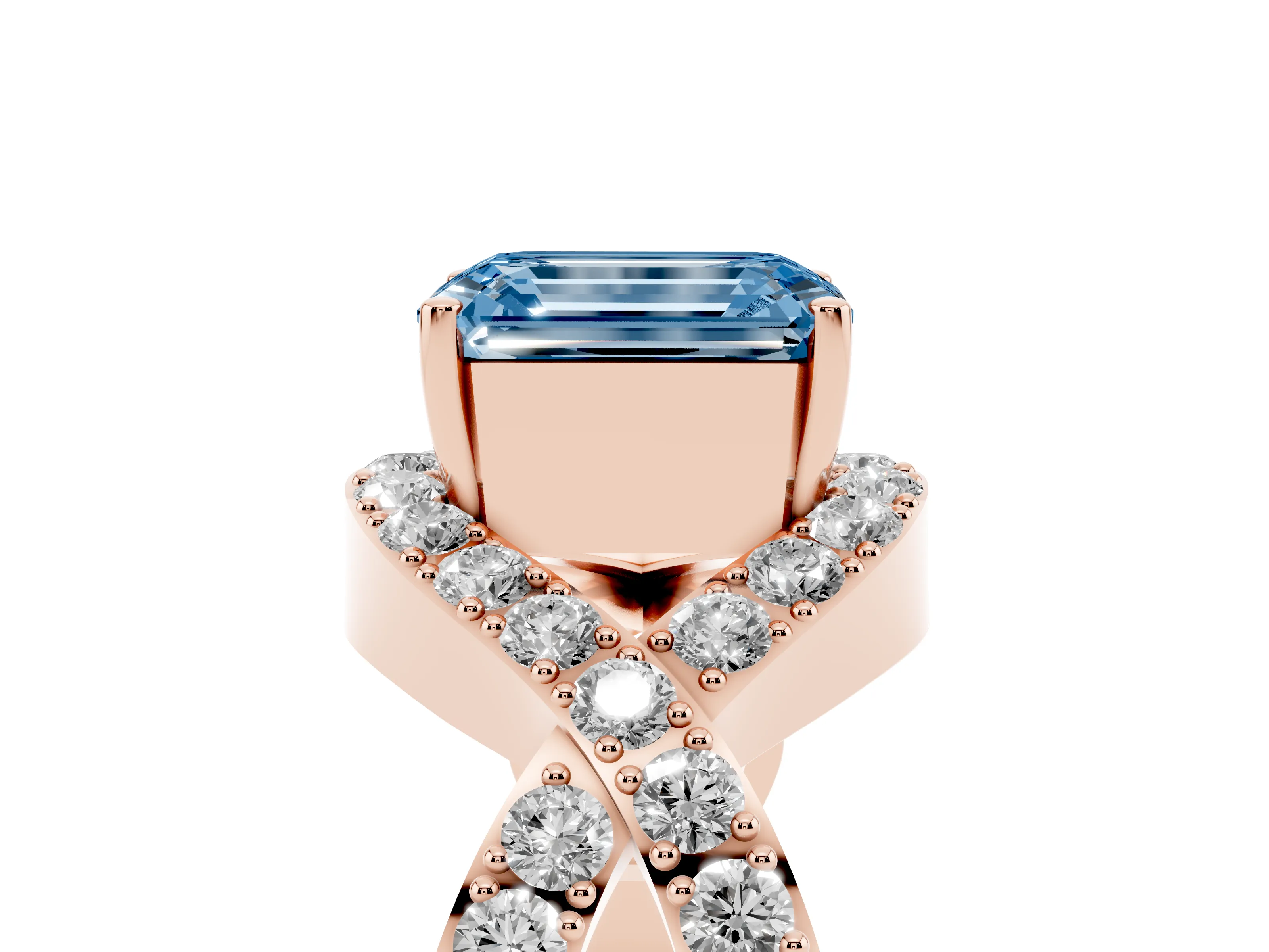 Fancy Blue Emerald Cut Diamond Solitaire Twist Band Pavé Engagement Ring Set in Rose gold
