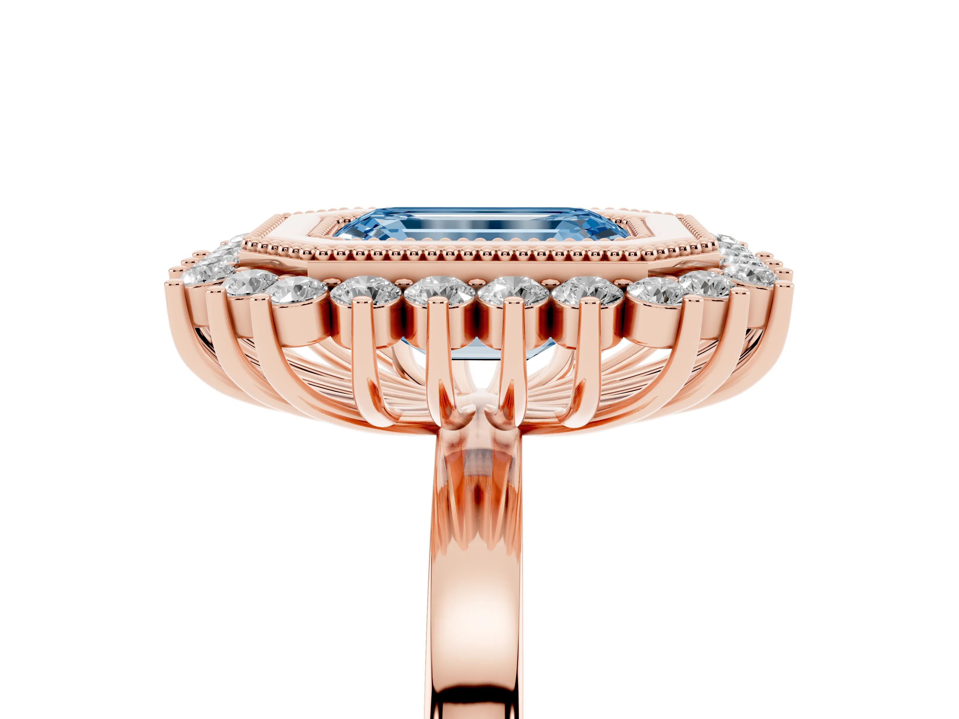 Fancy Blue Emerald Cut Diamond Halo Ring Set in Rose gold with Milgrain Edge and Round Prong Setting