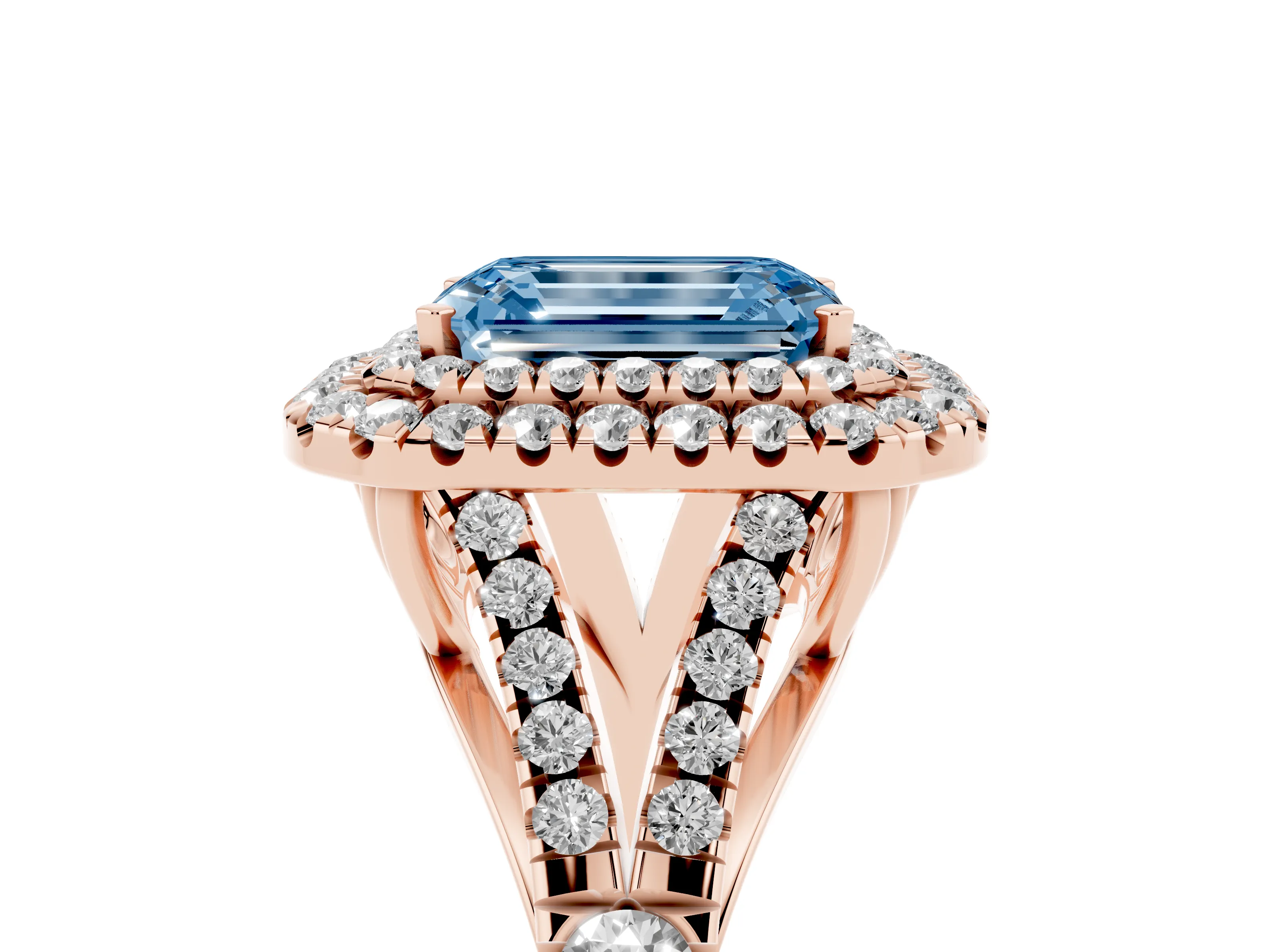 Fancy Blue Emerald Cut Diamond Pavé Split Shank Double Halo Engagement Ring Set in Rose gold