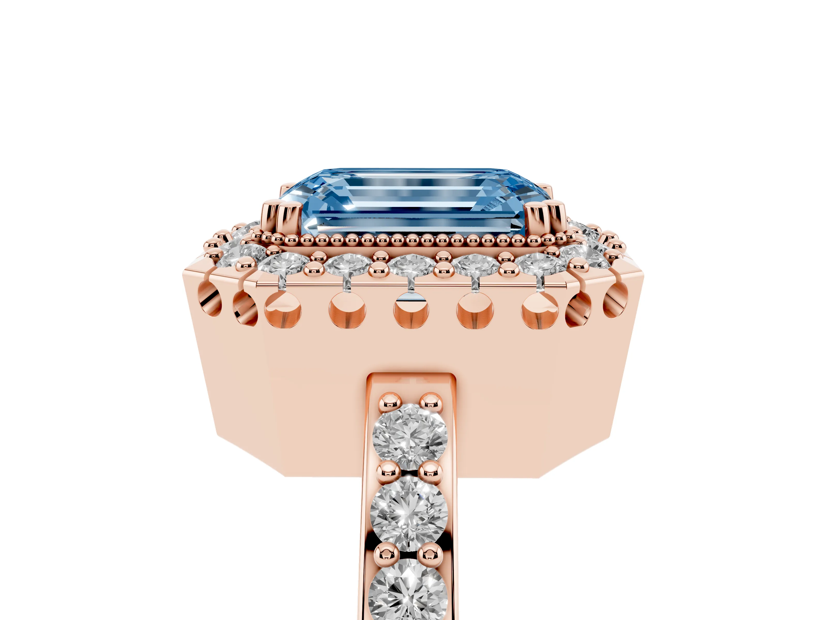 Fancy Blue Emerald Cut Diamond Halo Ring Set in Rose gold with Pavé Shank and Prong Setting