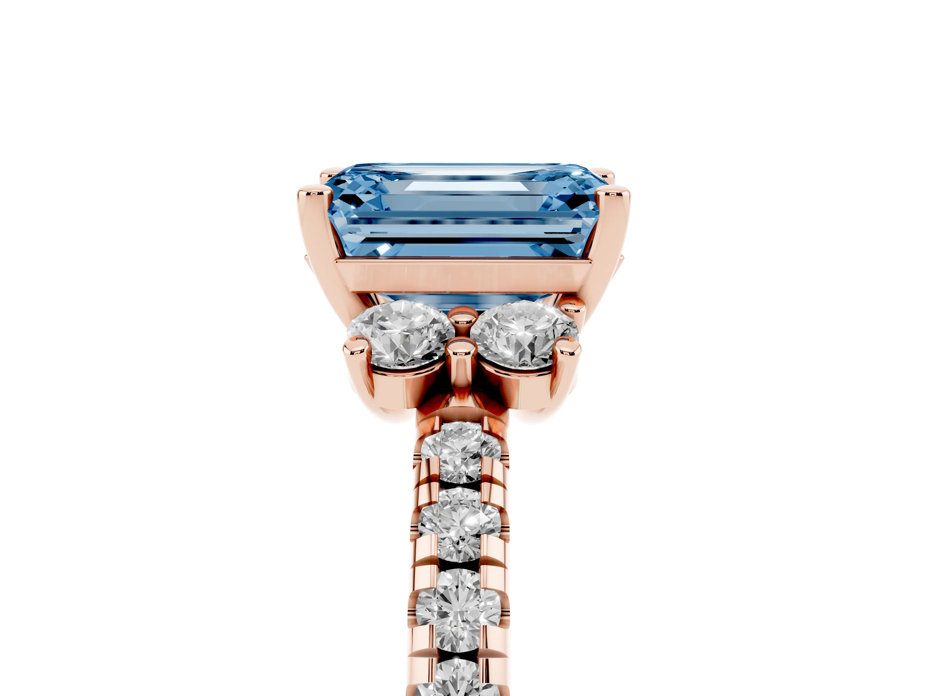 Fancy Blue Emerald Cut Diamond Three-Stone Pavé Ring Set in Rose gold with Prong Setting