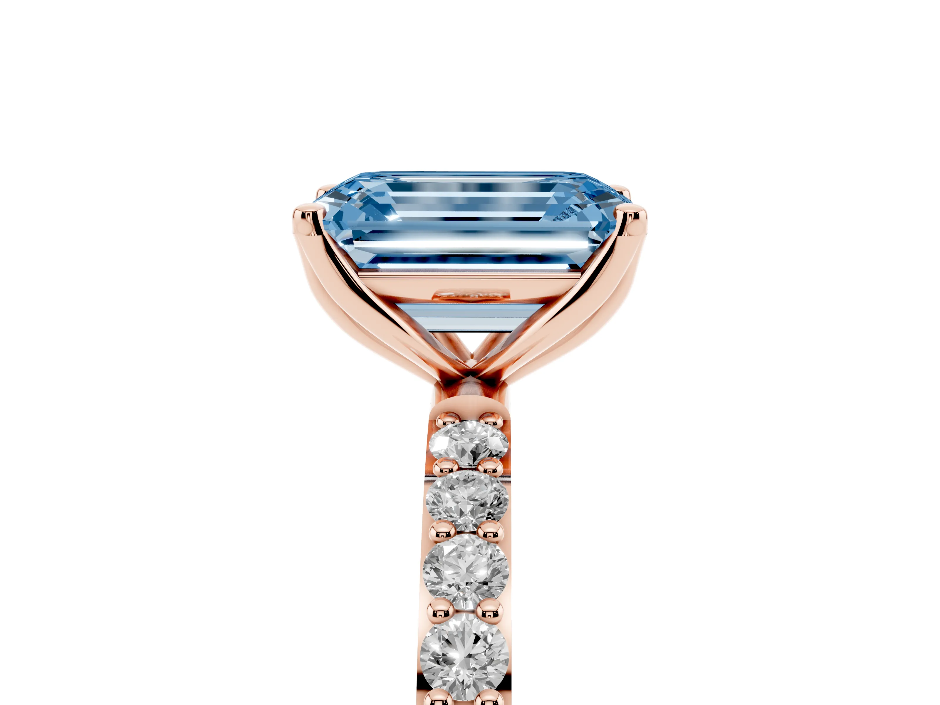 Fancy Blue Emerald Cut Diamond Solitaire Engagement Ring Set in Rose gold with Round Pavé Band and Prong Setting