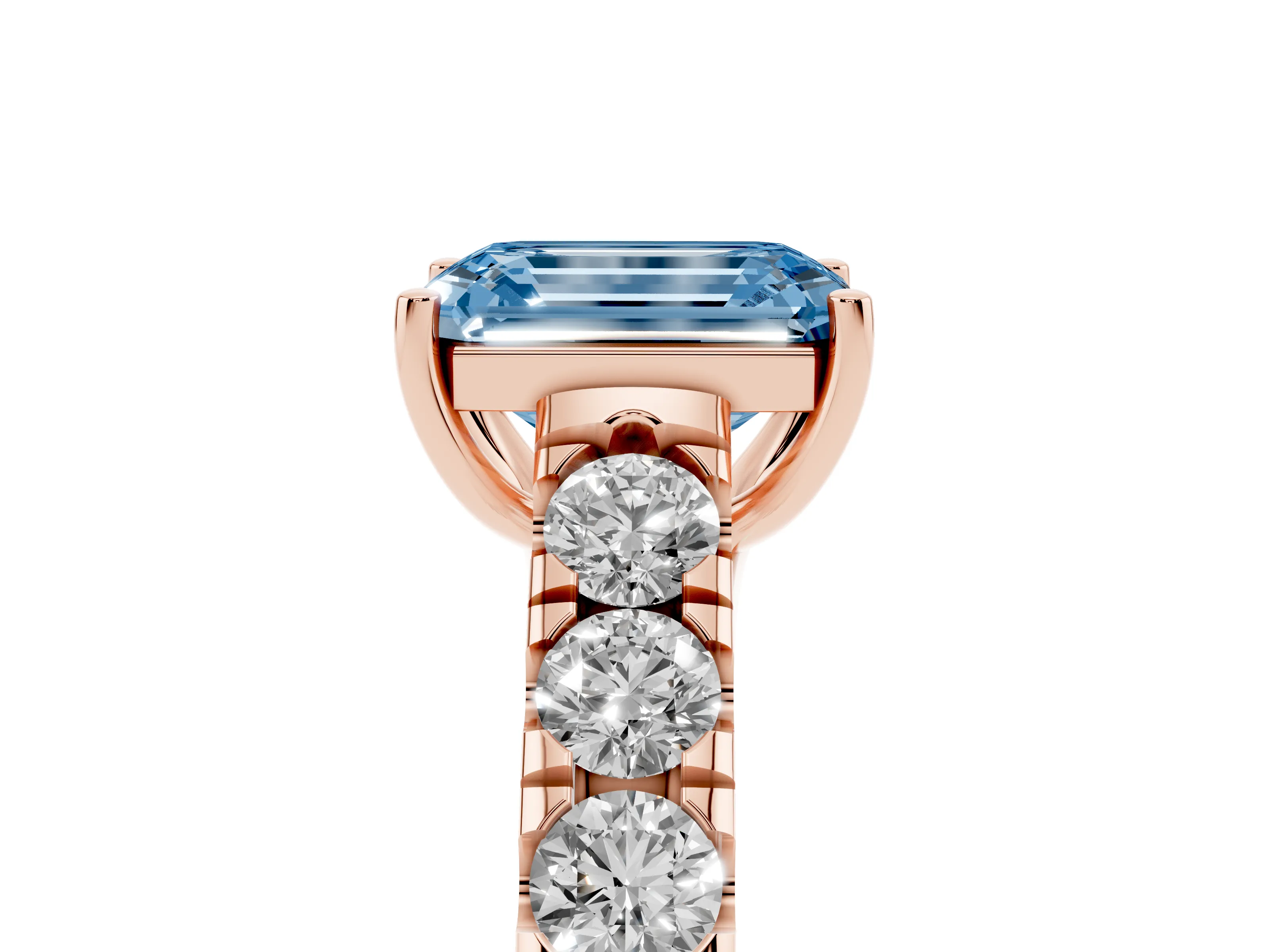 Fancy Blue Emerald Cut Diamond Solitaire Ring Set in Rose gold with Cut-Down Micro Pavé Band and Prong Setting