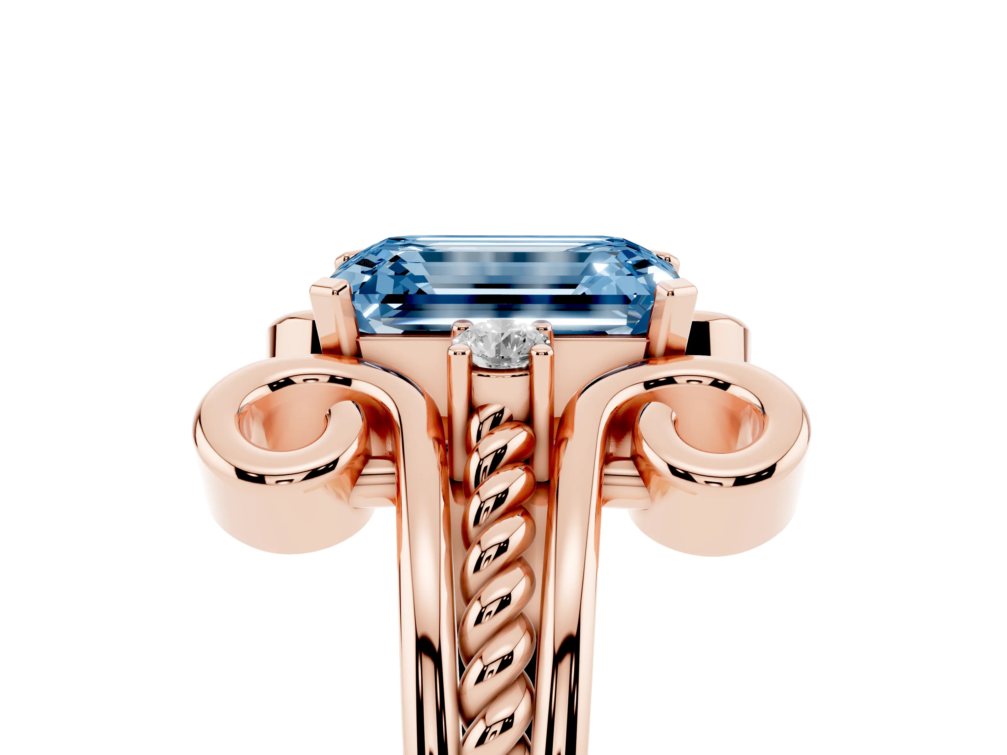 Fancy Blue Emerald Cut Diamond Twisted Band Solitaire Ring Set in Rose gold with Scroll Prongs