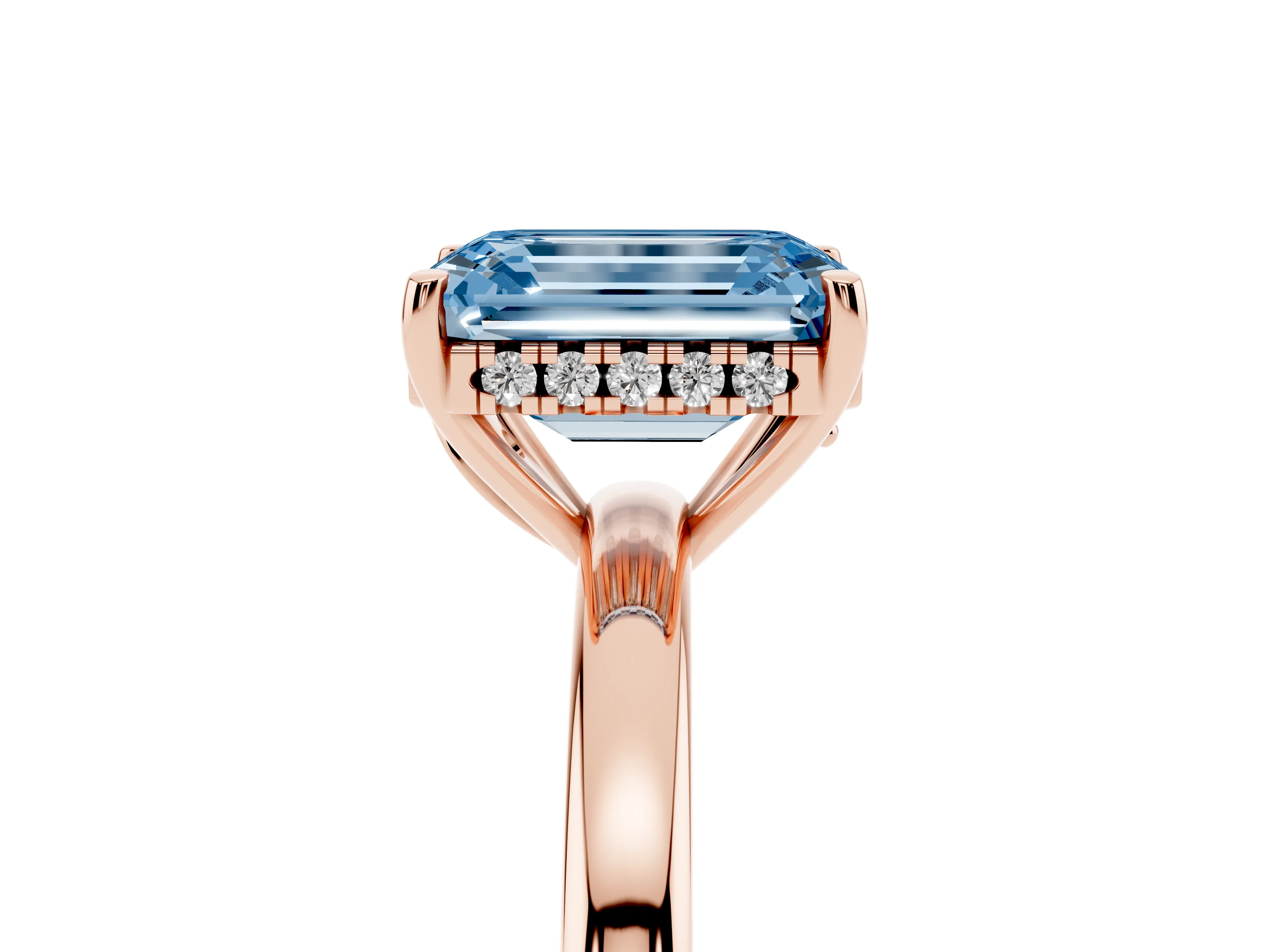 Fancy Blue Emerald Cut Diamond Solitaire Ring Set in Rose gold with Plain Band and Prong Setting