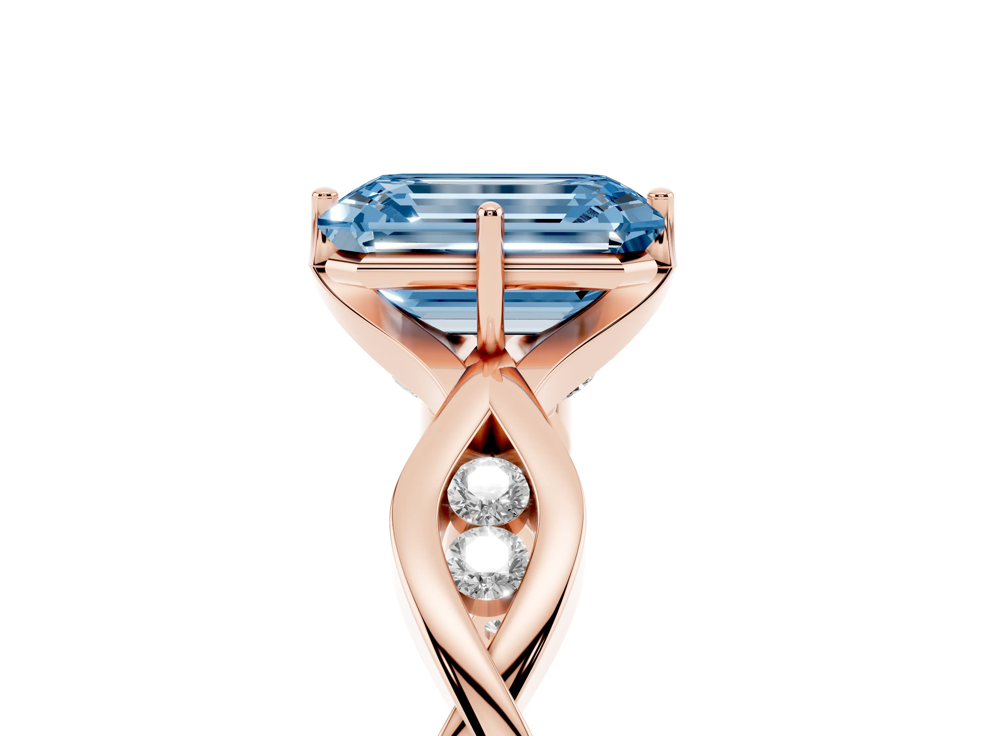 Fancy Blue Emerald Cut Diamond Twist Band Solitaire Ring Set in Rose gold with Leaf Prong Setting and Accent Stones