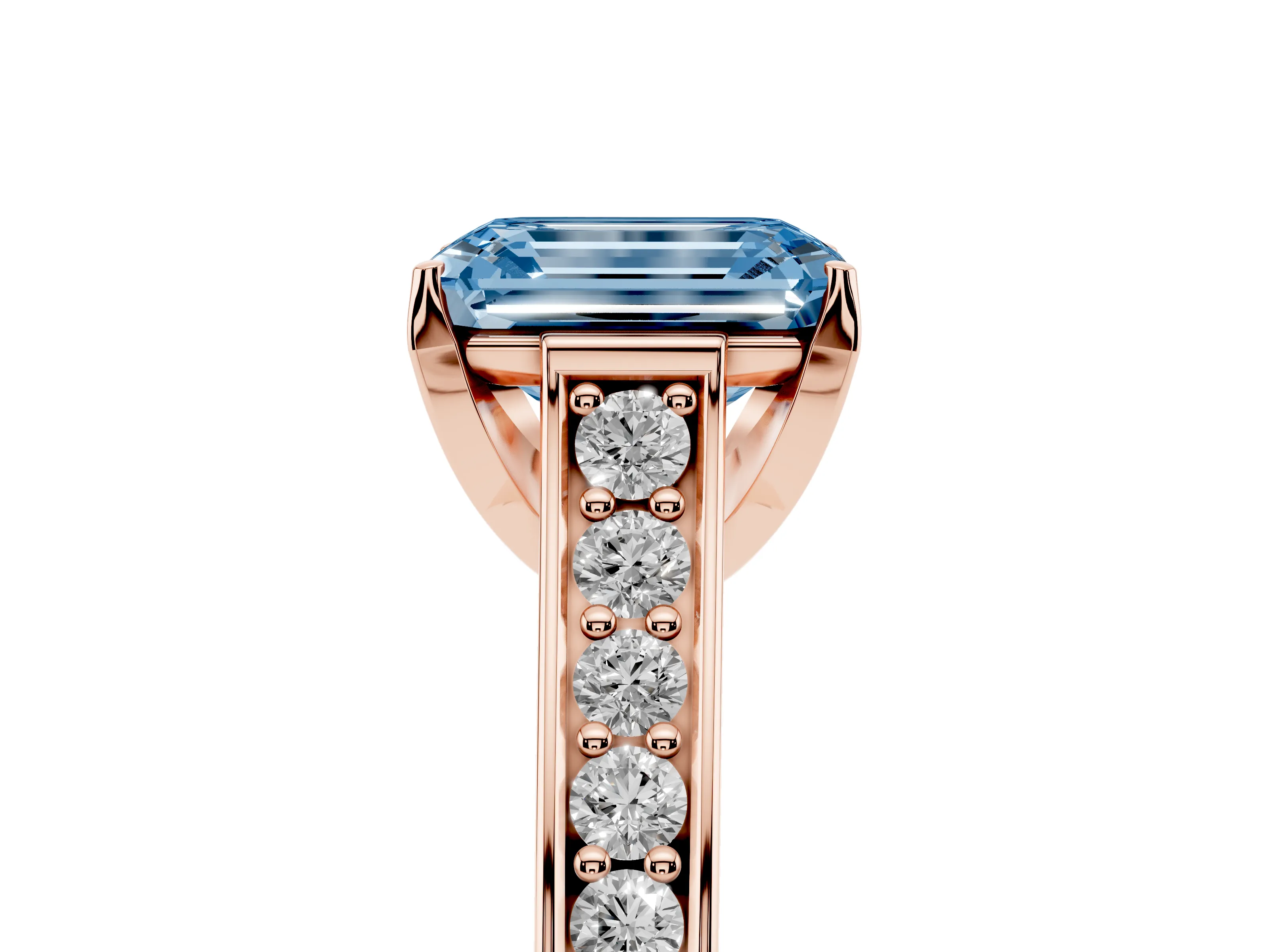 Fancy Blue Emerald Cut Diamond Solitaire Pavé Engagement Ring Set in Rose gold with Prong Setting