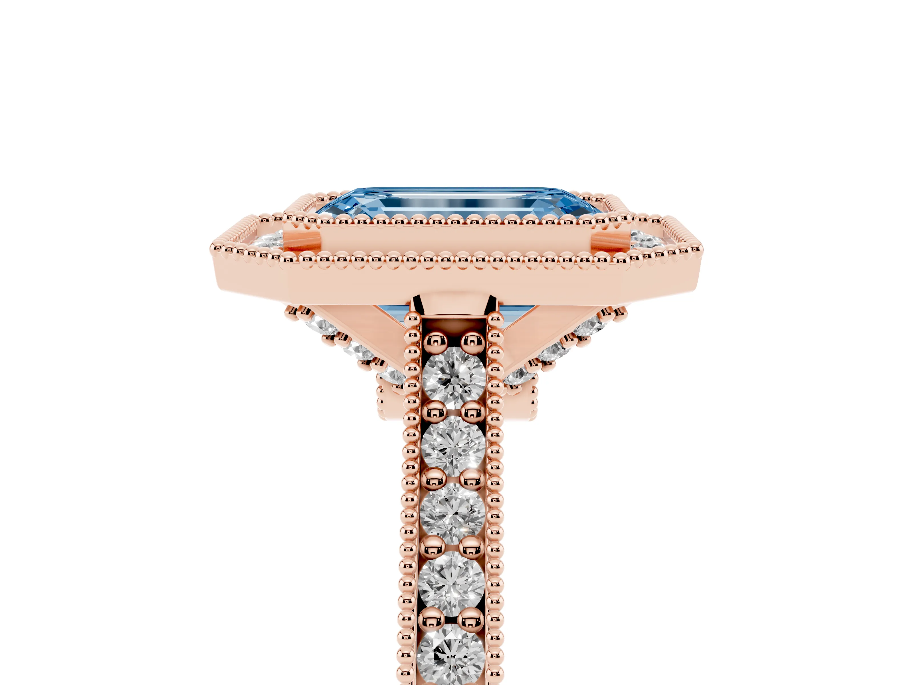 Fancy Blue Emerald Cut Diamond Halo Milgrain Pavé Band Ring Set in Rose gold with Prong Setting