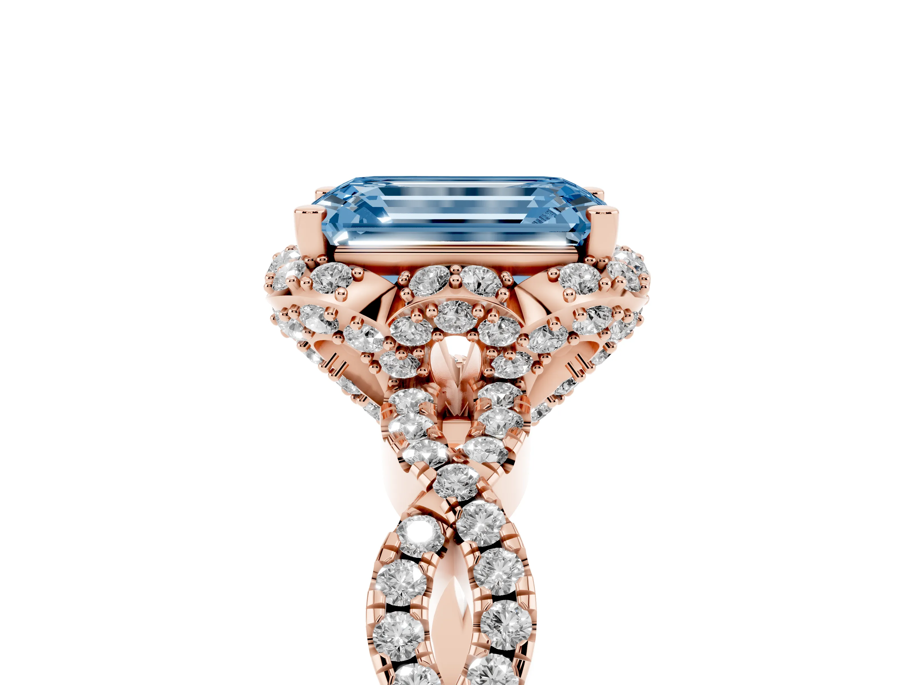 Fancy Blue Emerald Cut Diamond Halo Twist Band Solitaire Ring Set in Rose gold with Prong-Set Center Stone