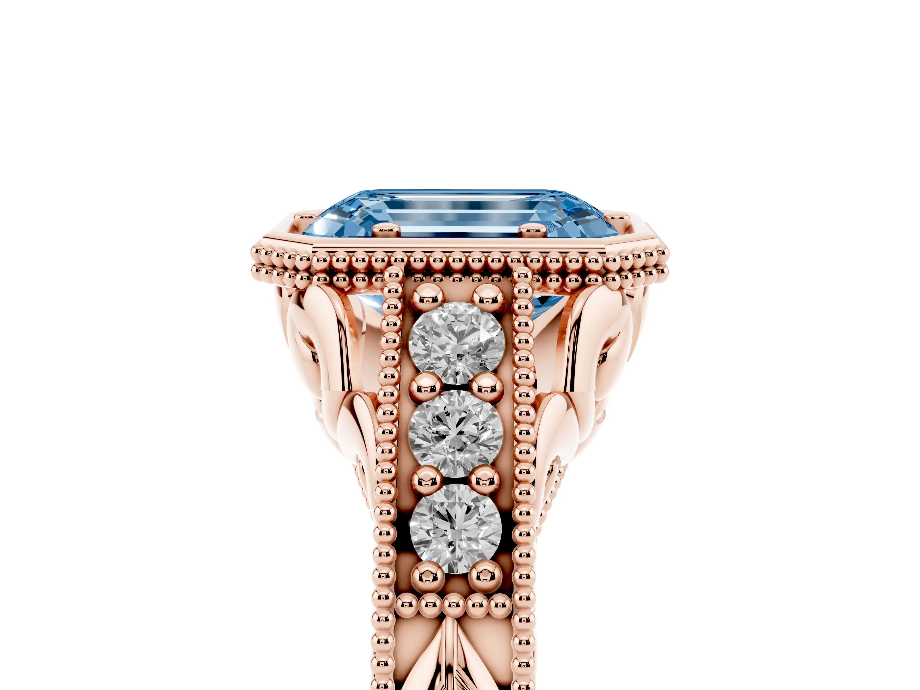 Fancy Blue Bezel Set Emerald Cut Diamond Milgrain Pavé Engagement Ring Set in Rose gold