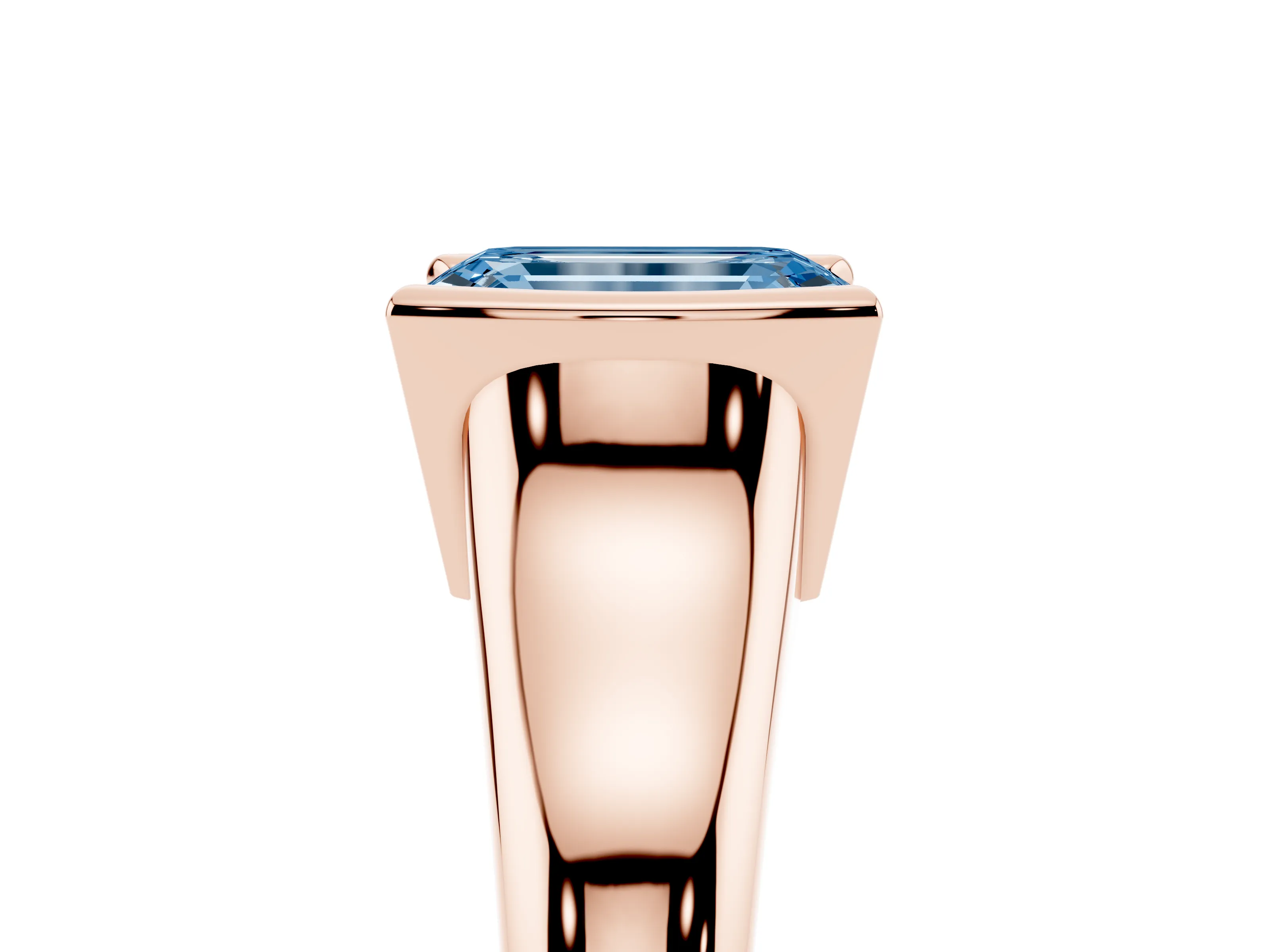 Fancy Blue Emerald Cut Diamond Solitaire Tension Set Ring Set in Rose gold with Split Shank Band