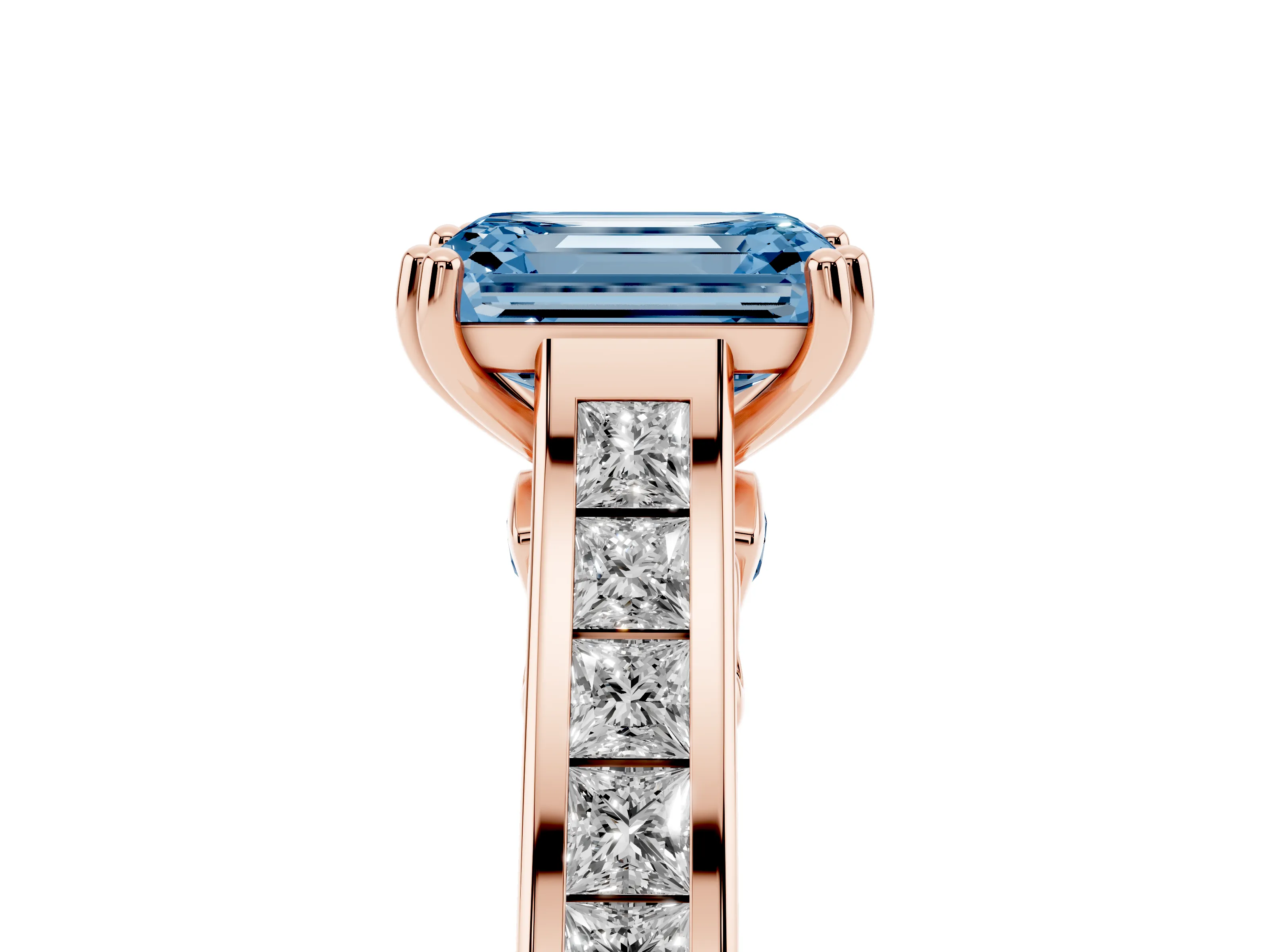 Fancy Blue Emerald Cut Diamond Channel Set Solitaire Engagement Ring Set in Rose gold with Prong Setting