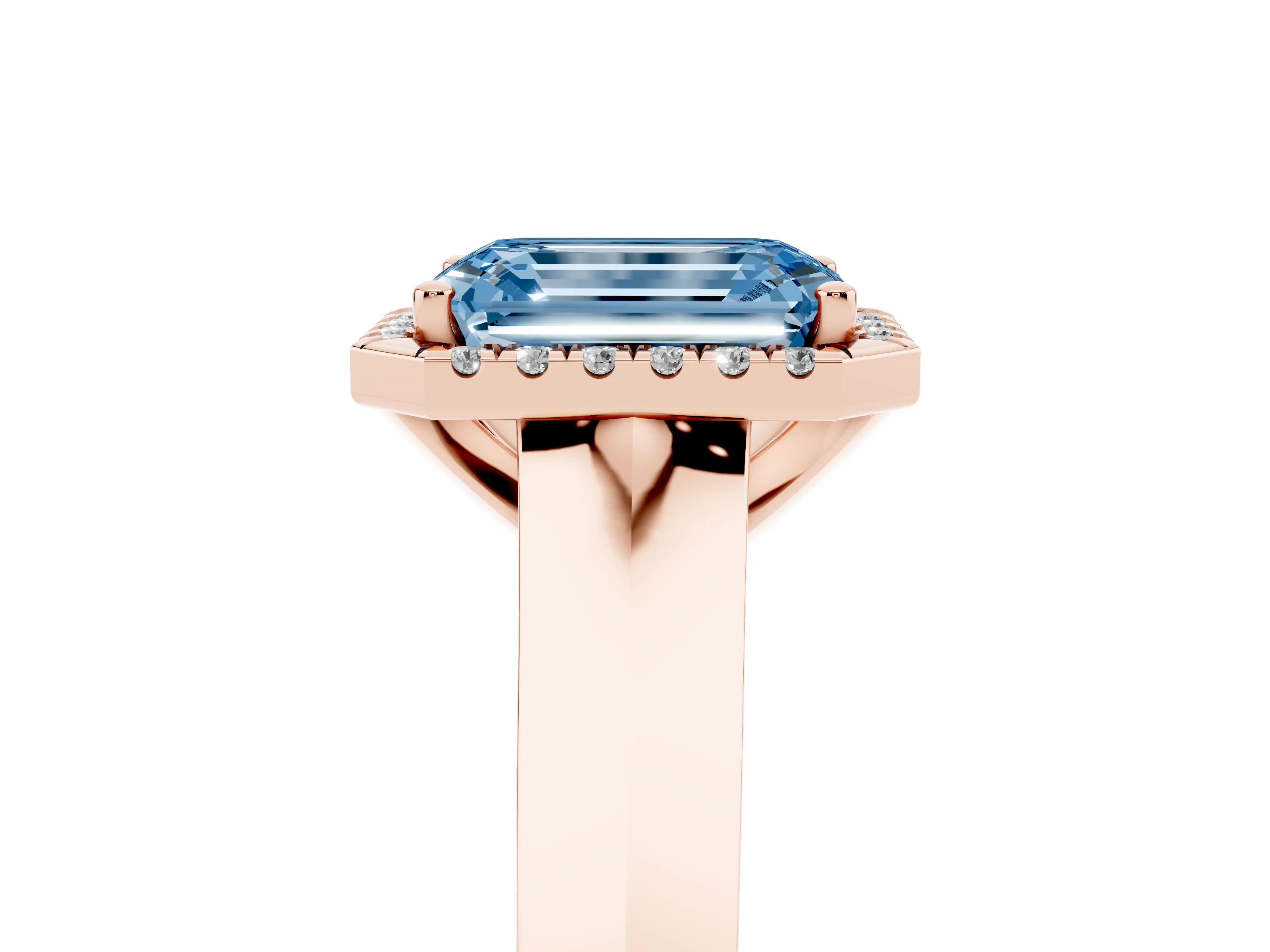 Fancy Blue Emerald Cut Diamond Halo Ring Set in Rose gold with Cathedral Band and Prong Setting