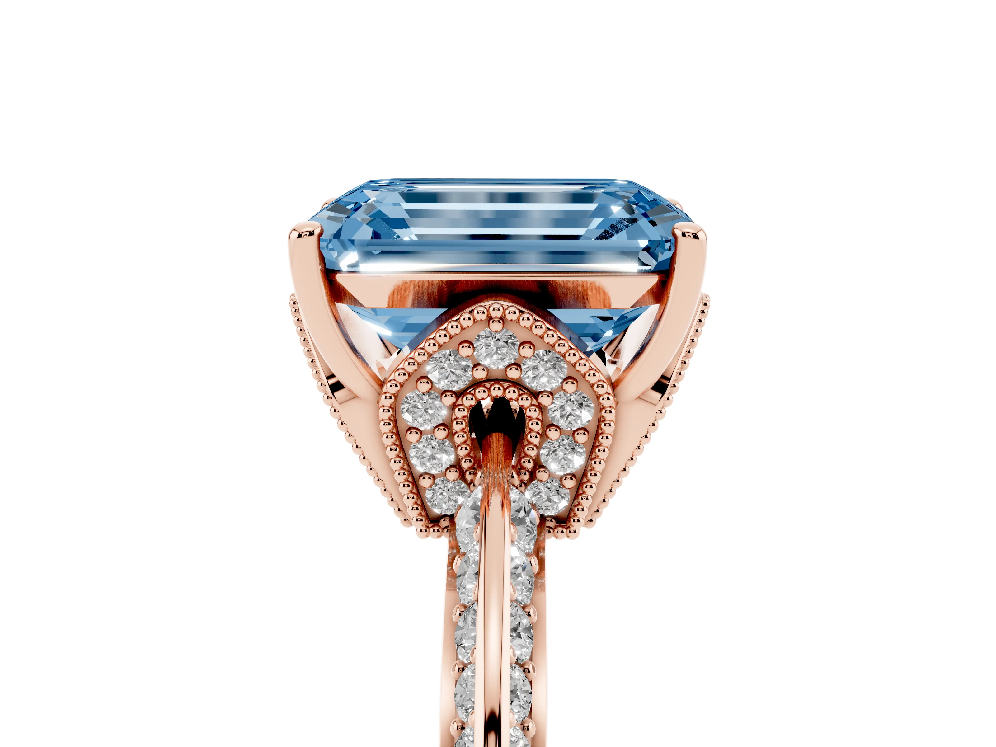Fancy Blue Emerald Cut Diamond Solitaire Engagement Ring Set in Rose gold with Pavé Split Shank and Prong Setting