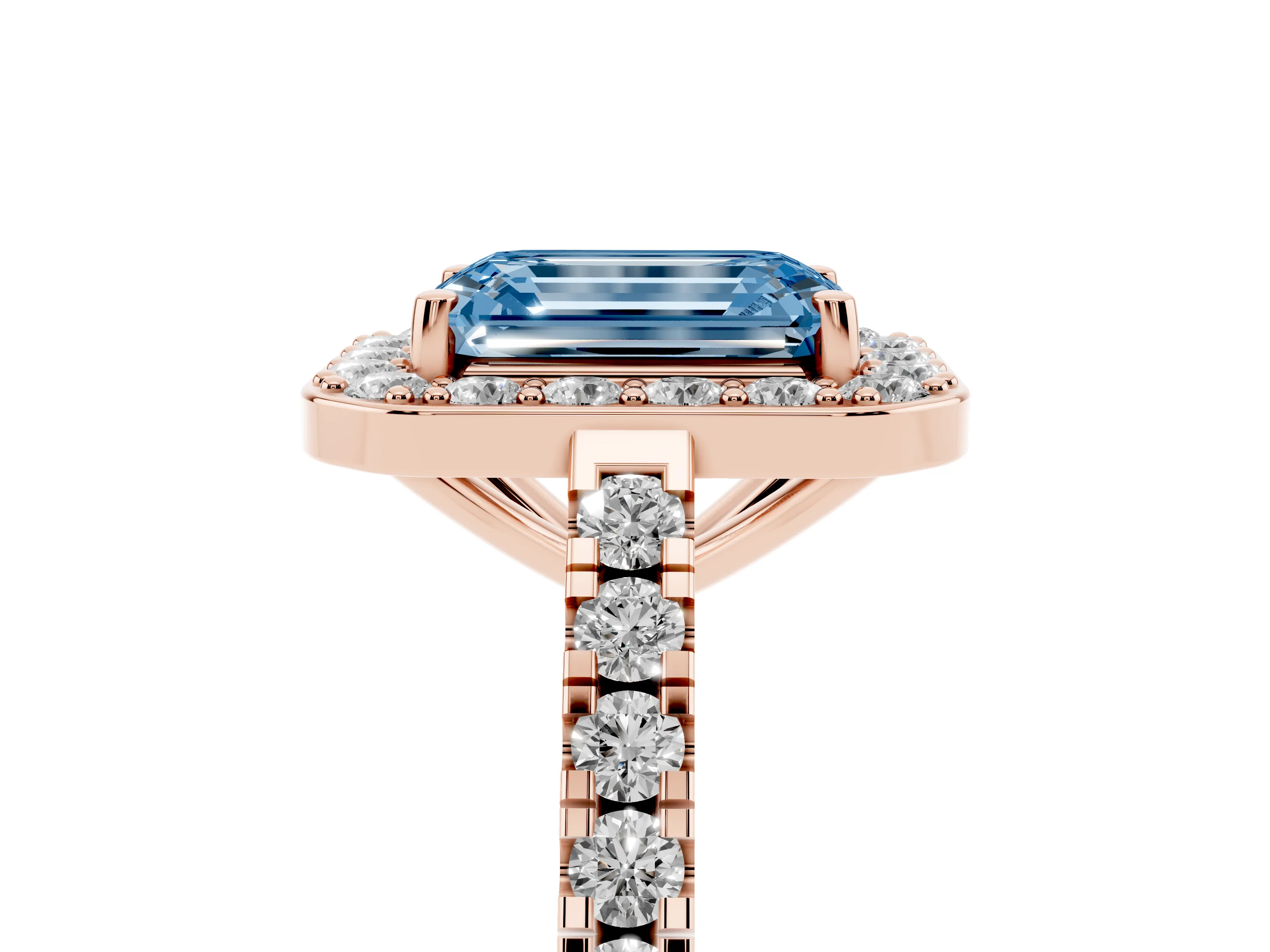 Fancy Blue Emerald Cut Diamond Halo Ring Set in Rose gold with Round Pavé Split Shank and Prong Setting