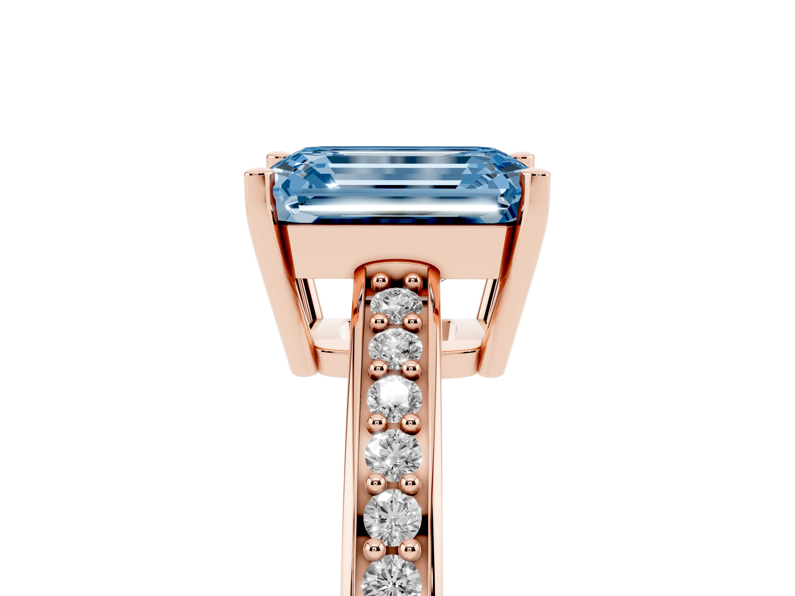 Fancy Blue Emerald Cut Diamond Pavé Band Prong Set Solitaire Ring Set in Rose gold