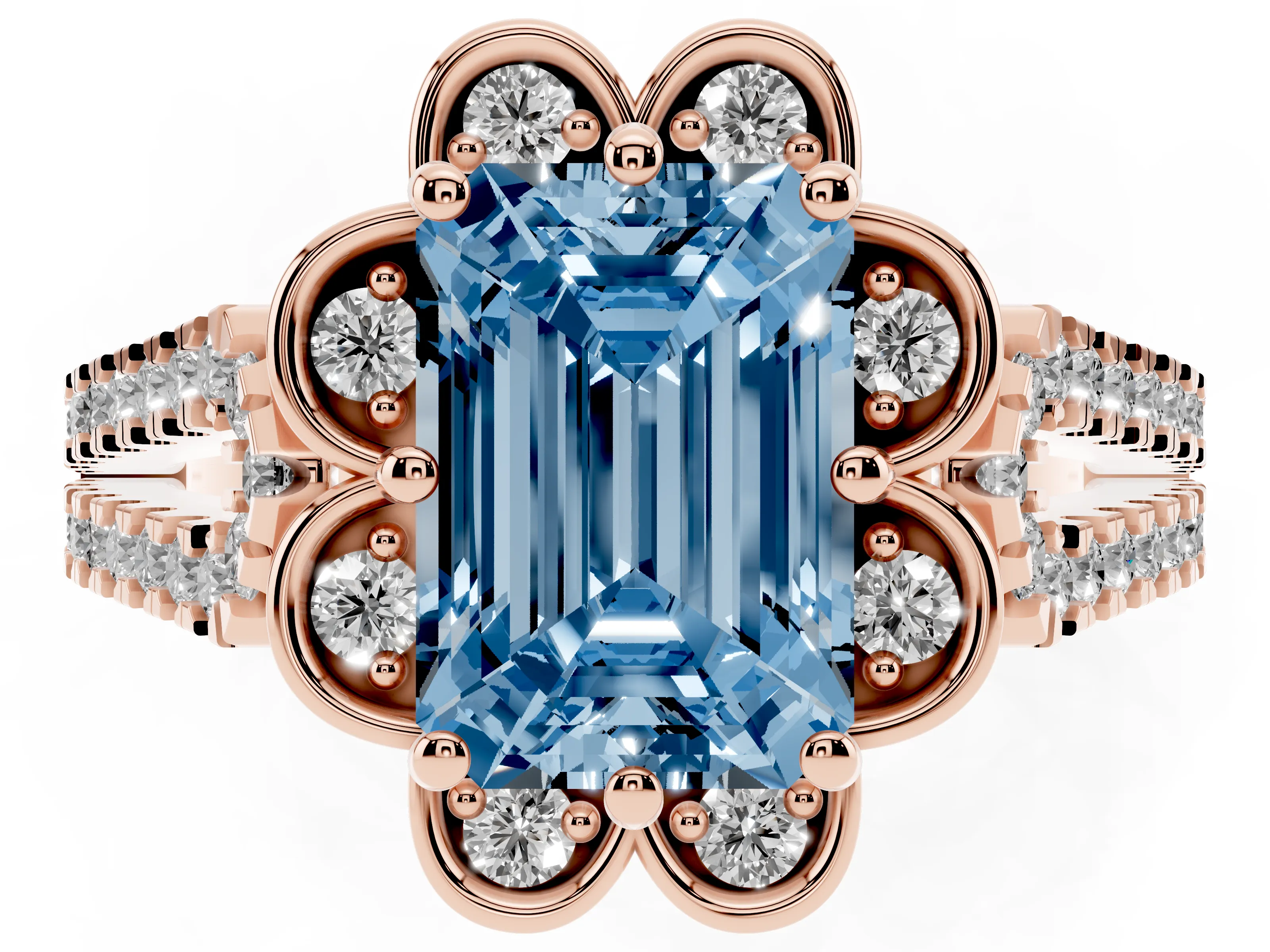 Fancy Blue Emerald Cut Diamond Floral Halo Split Shank Engagement Ring Set in Rose gold with Pavé Shank