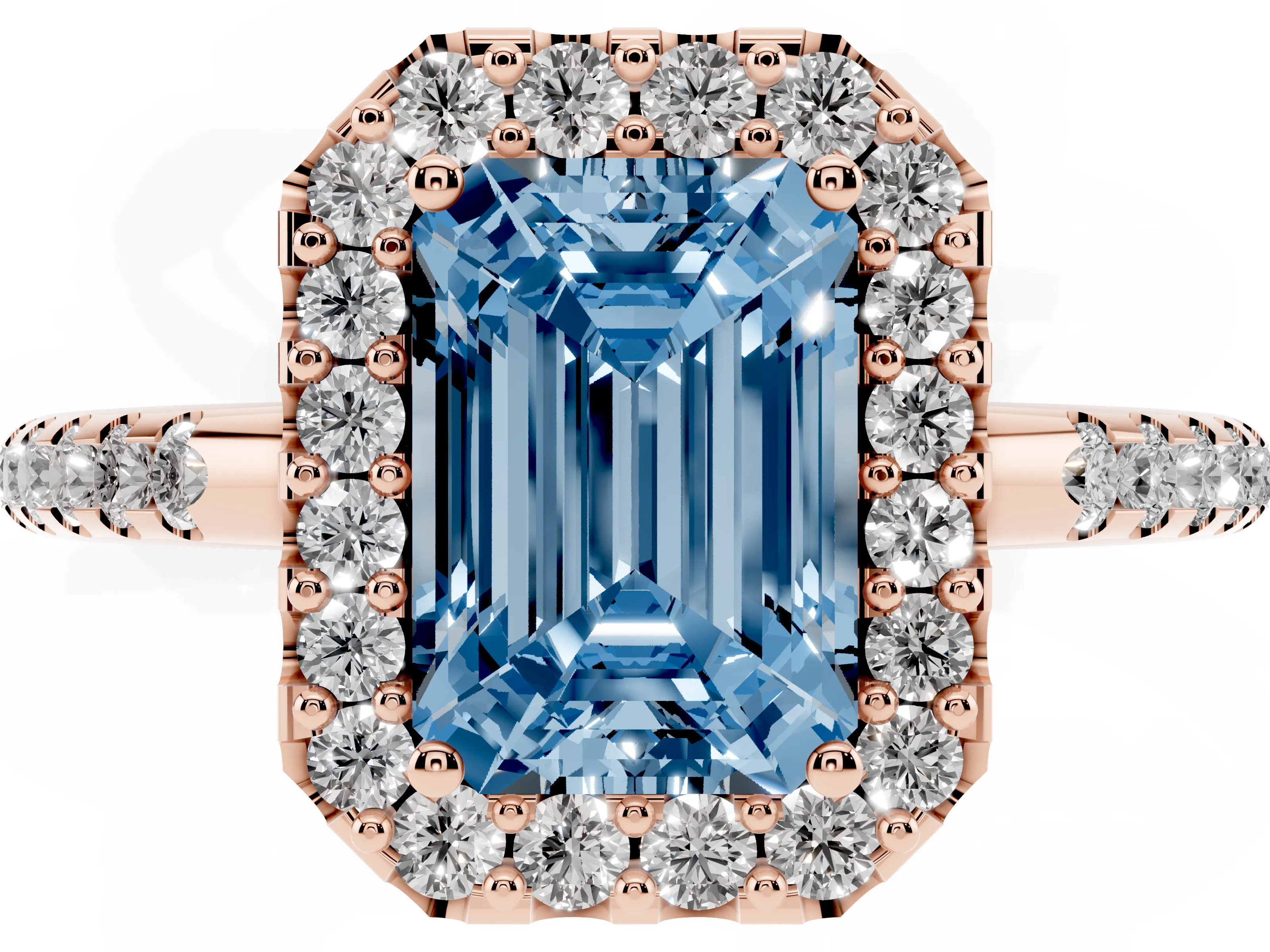 Fancy Blue Emerald Cut Diamond Pavé Halo Ring Set in Rose gold with Prong Setting