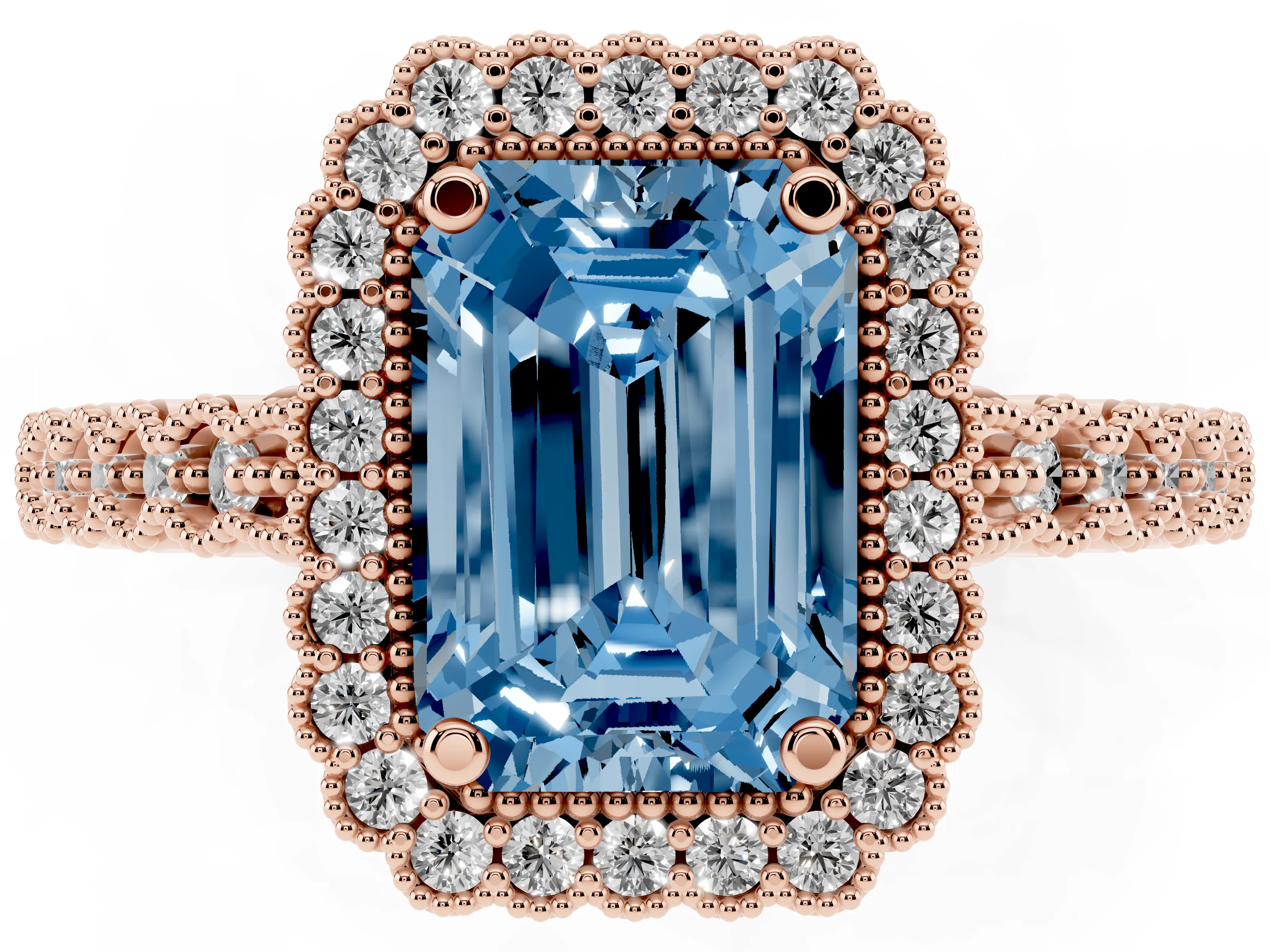 Fancy Blue Emerald Cut Diamond Halo Ring Set in Rose gold with Pavé Milgrain Band