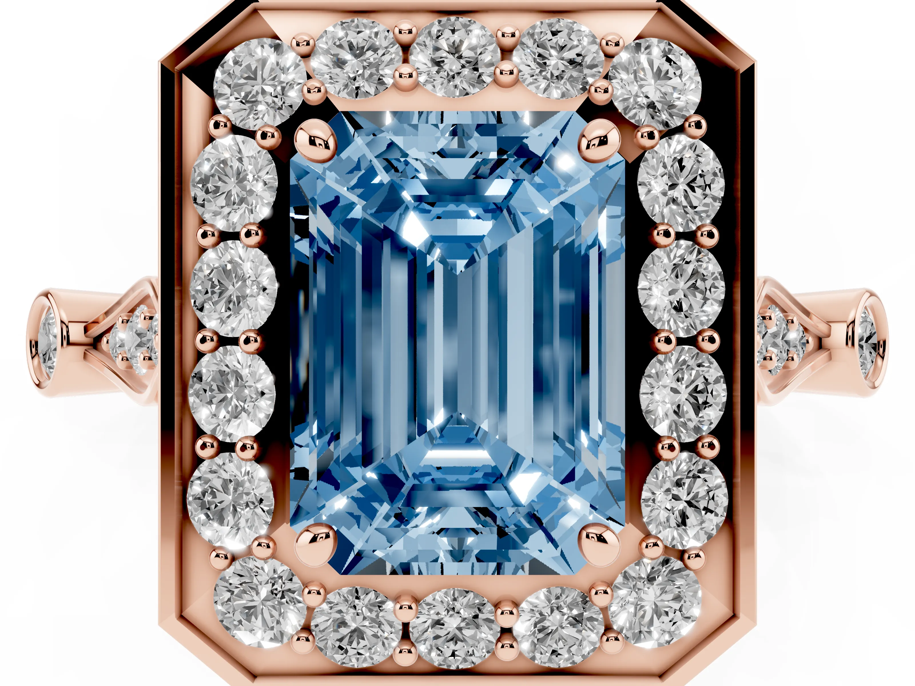 Fancy Blue Emerald Cut Diamond Halo Engagement Ring Set in Rose gold with Twisted Band and Prong Setting