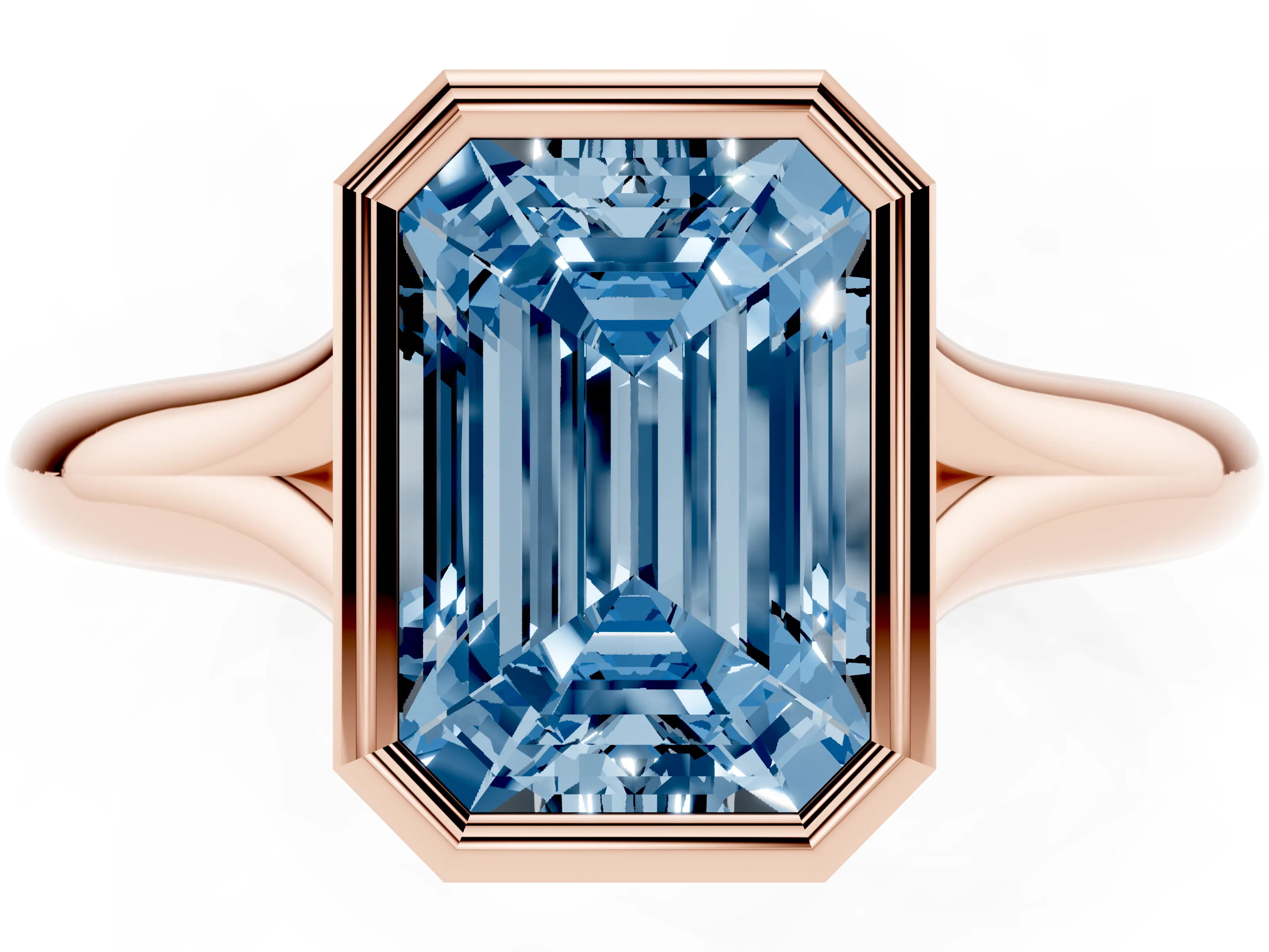 Fancy Blue Bezel Set Emerald Cut Diamond Solitaire Ring Set in Rose gold with Smooth Band