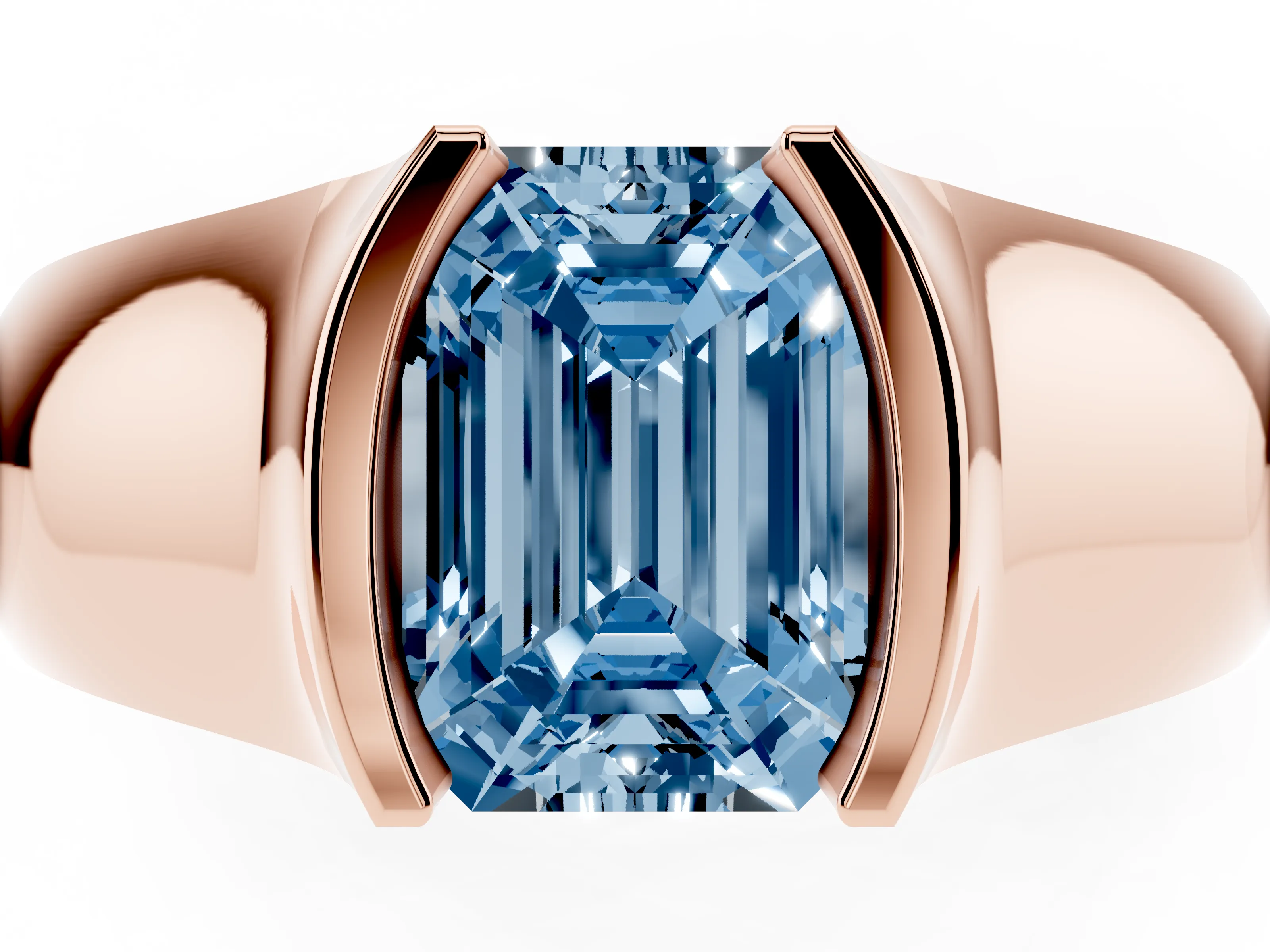 Fancy Blue Emerald Cut Diamond Bezel Solitaire Ring Set in Rose gold with Wide Band