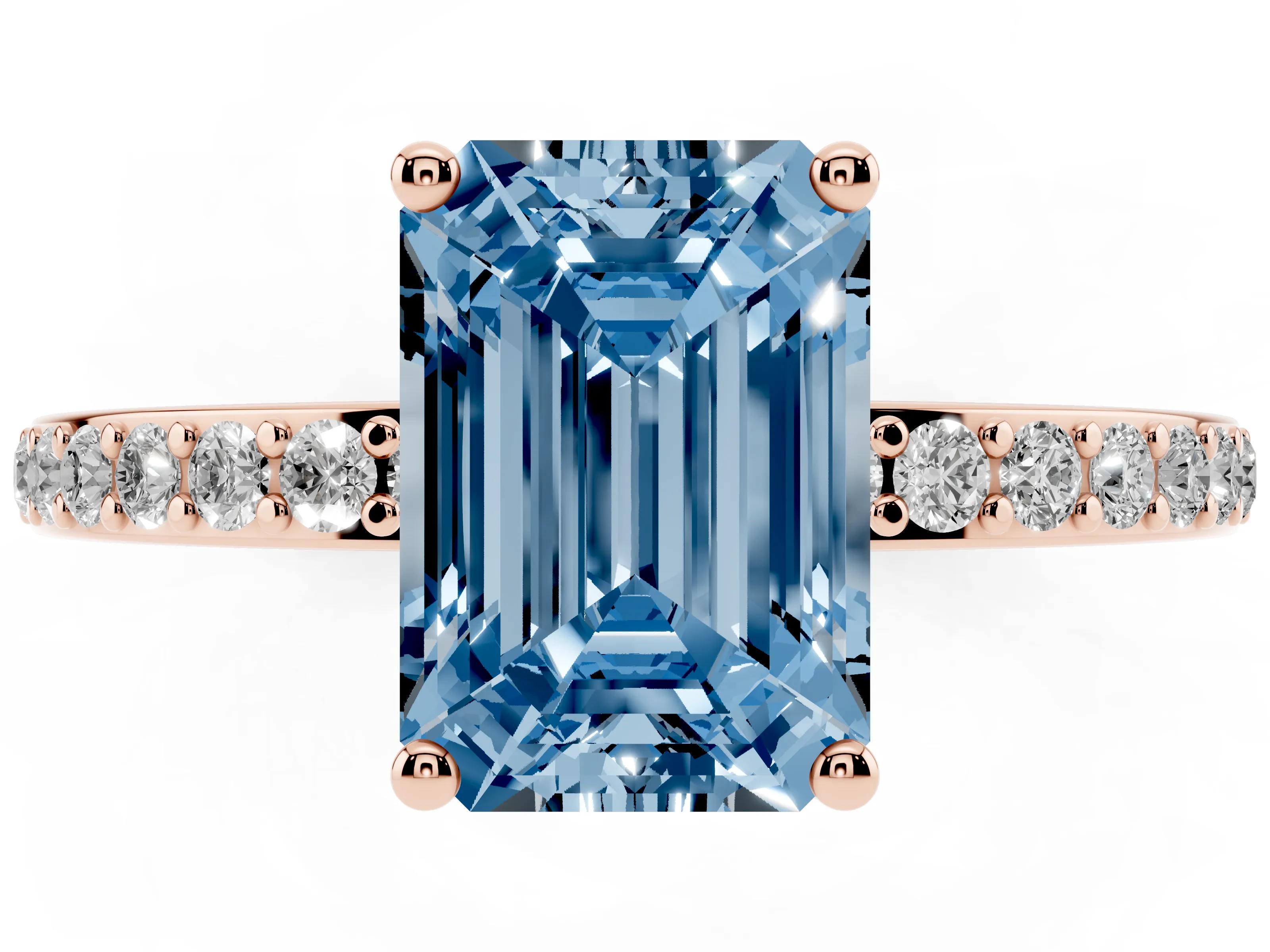 Fancy Blue Emerald Cut Diamond Pavé Band Ring Set in Rose gold with Prong-Set Center Stone
