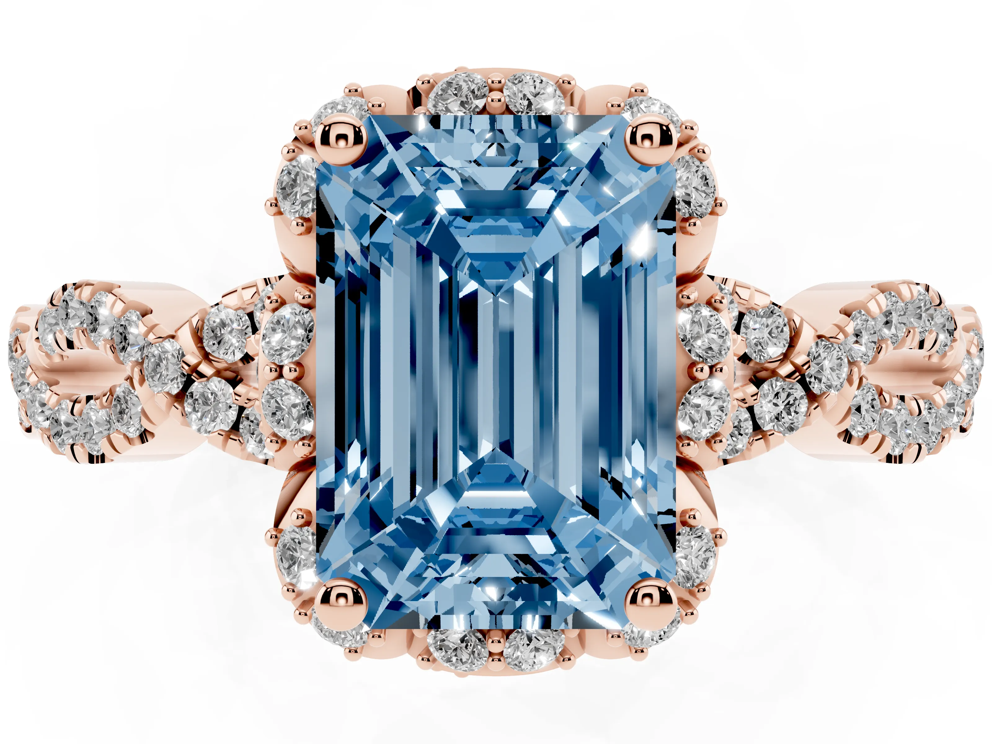 Fancy Blue Emerald Cut Diamond Halo Twist Band Solitaire Ring Set in Rose gold with Prong-Set Center Stone