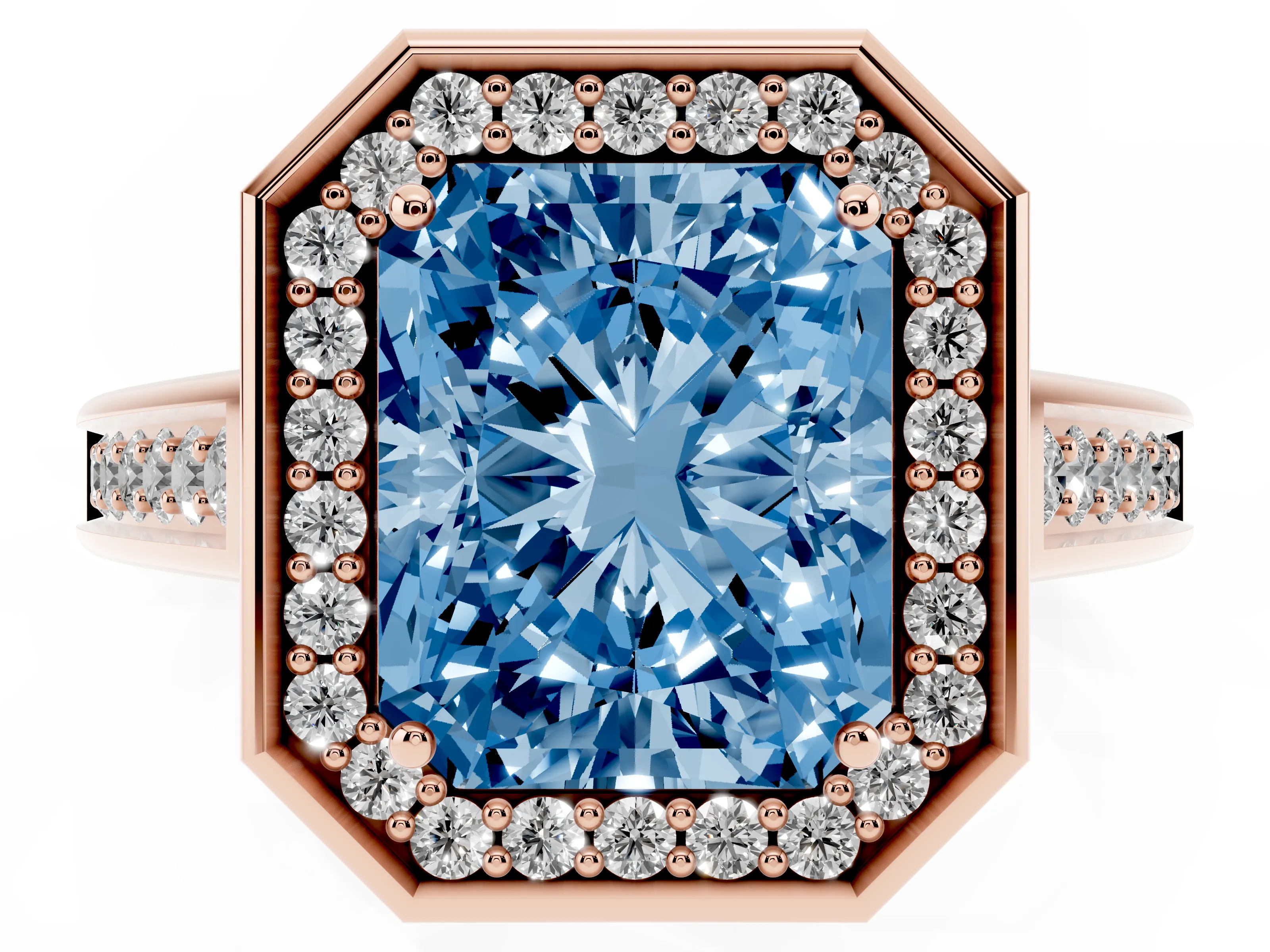 Fancy Blue Emerald Cut Diamond Halo Solitaire Ring Set in Rose gold with Pavé Band and Bezel Setting