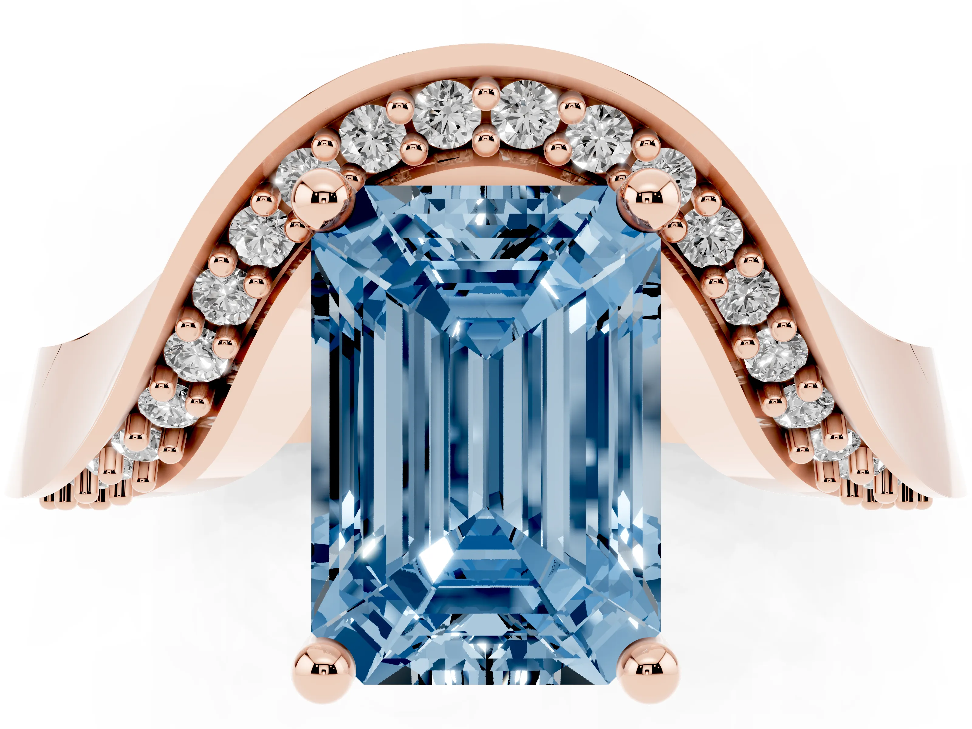 Fancy Blue Emerald Cut Diamond Solitaire Engagement Ring Set in Rose gold with Pavé Shoulders