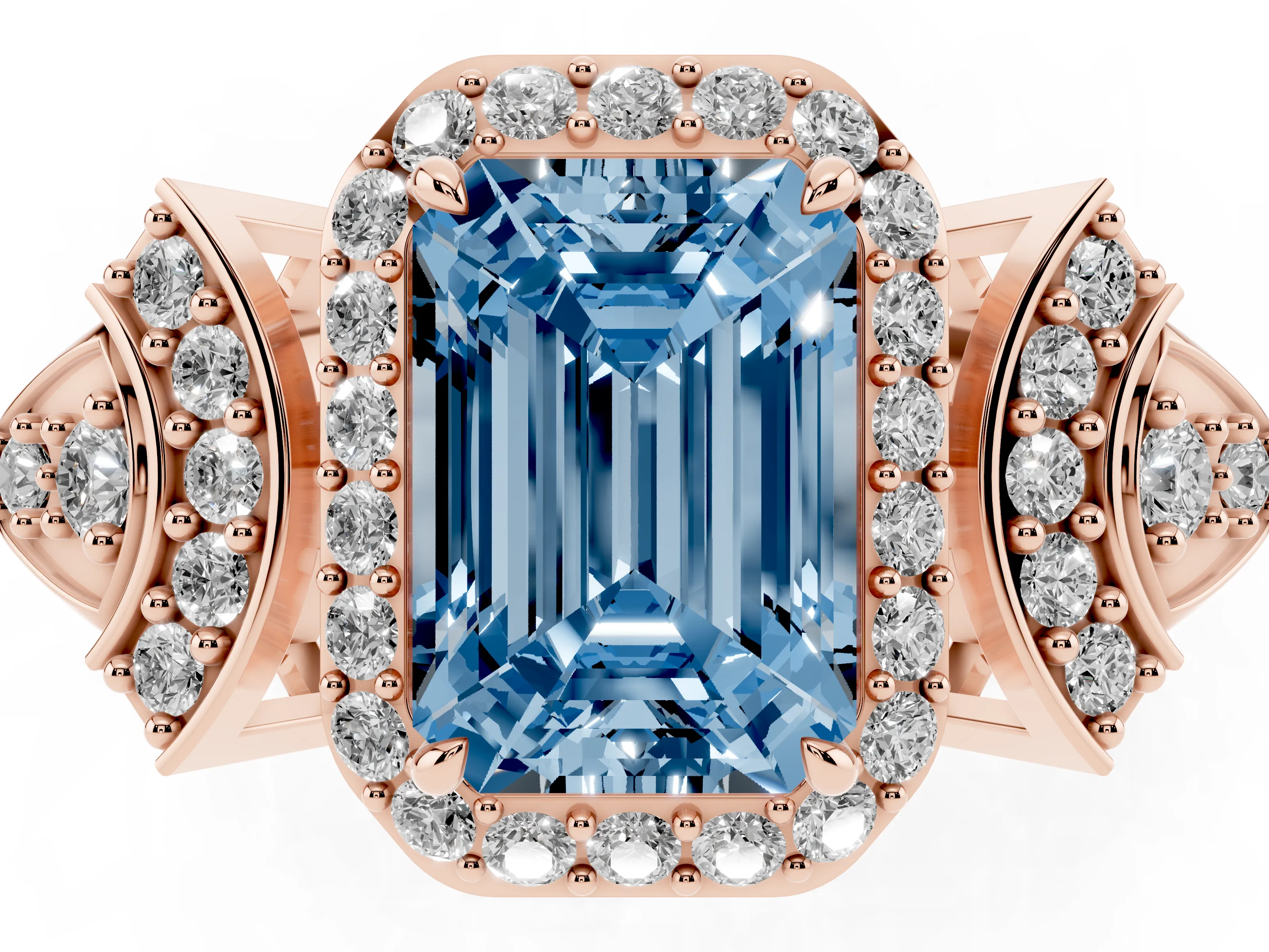 Fancy Blue Emerald Cut Diamond Halo Engagement Ring Set in Rose gold with Accent Stone Split Shank