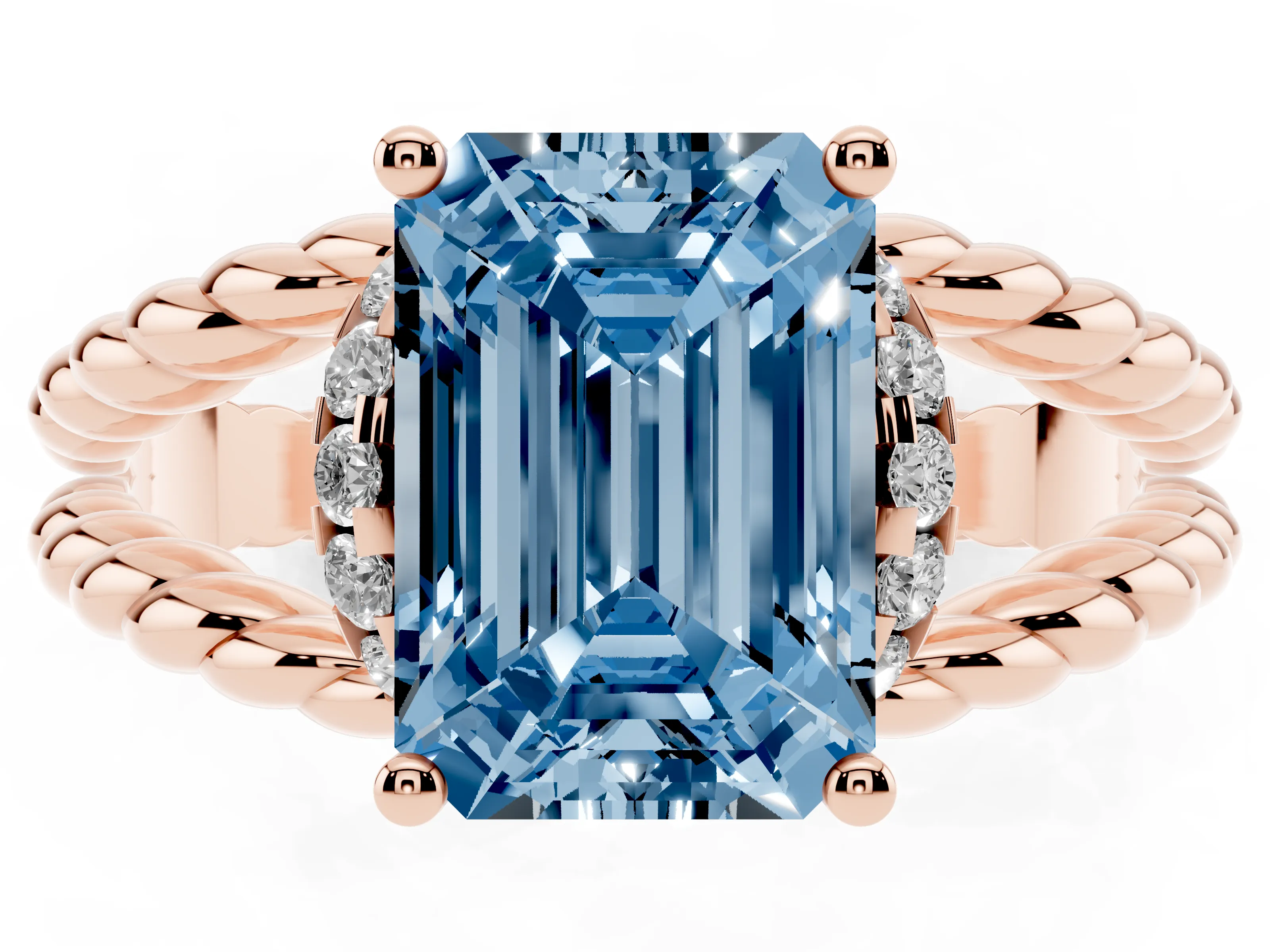 Fancy Blue Emerald Cut Diamond Halo Ring Set in Rose gold with Twisted Band and Prong Setting