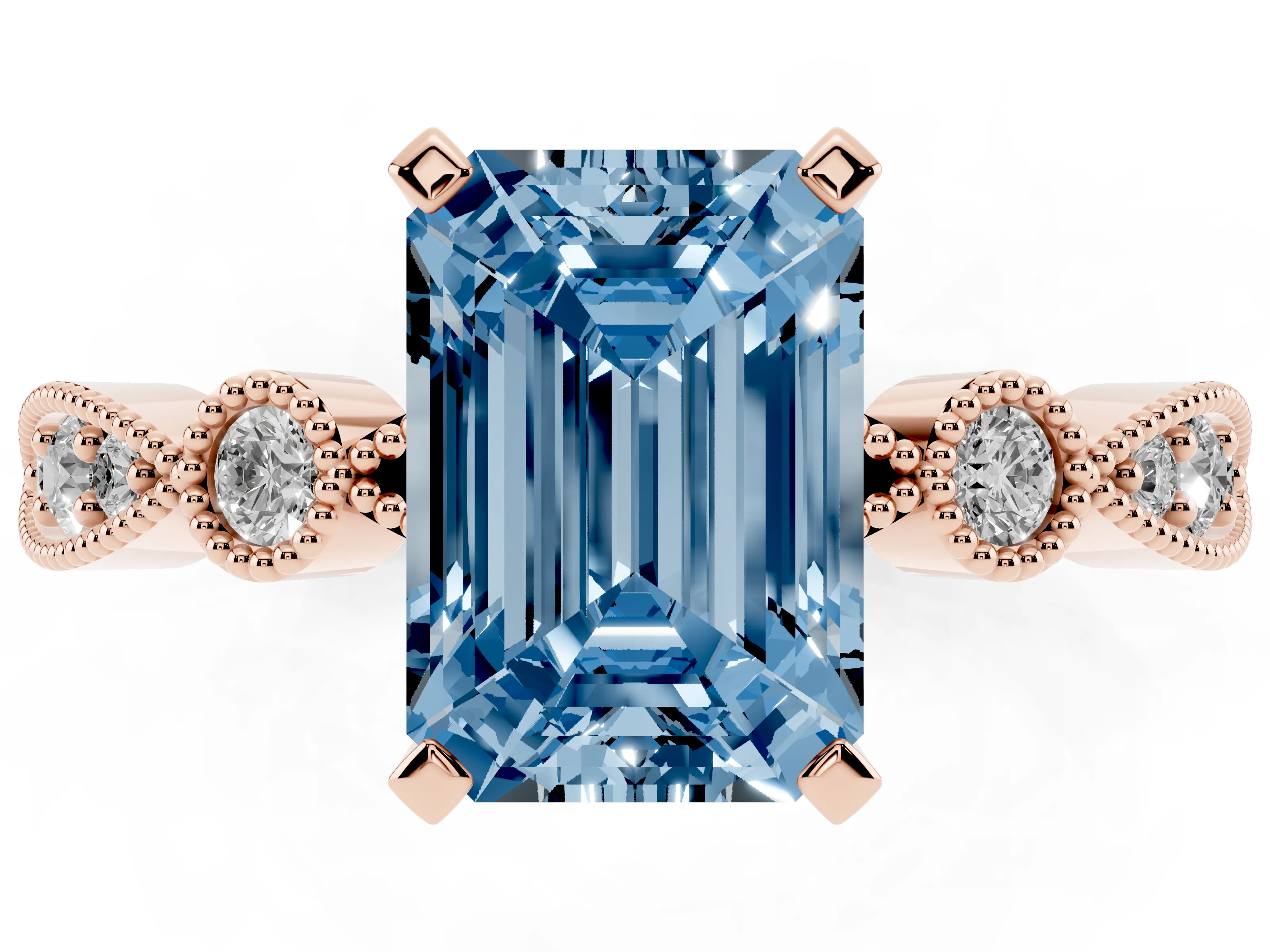 Fancy Blue Emerald Cut Diamond Solitaire Engagement Ring Set in Rose gold with Milgrain Bezel Accent Band