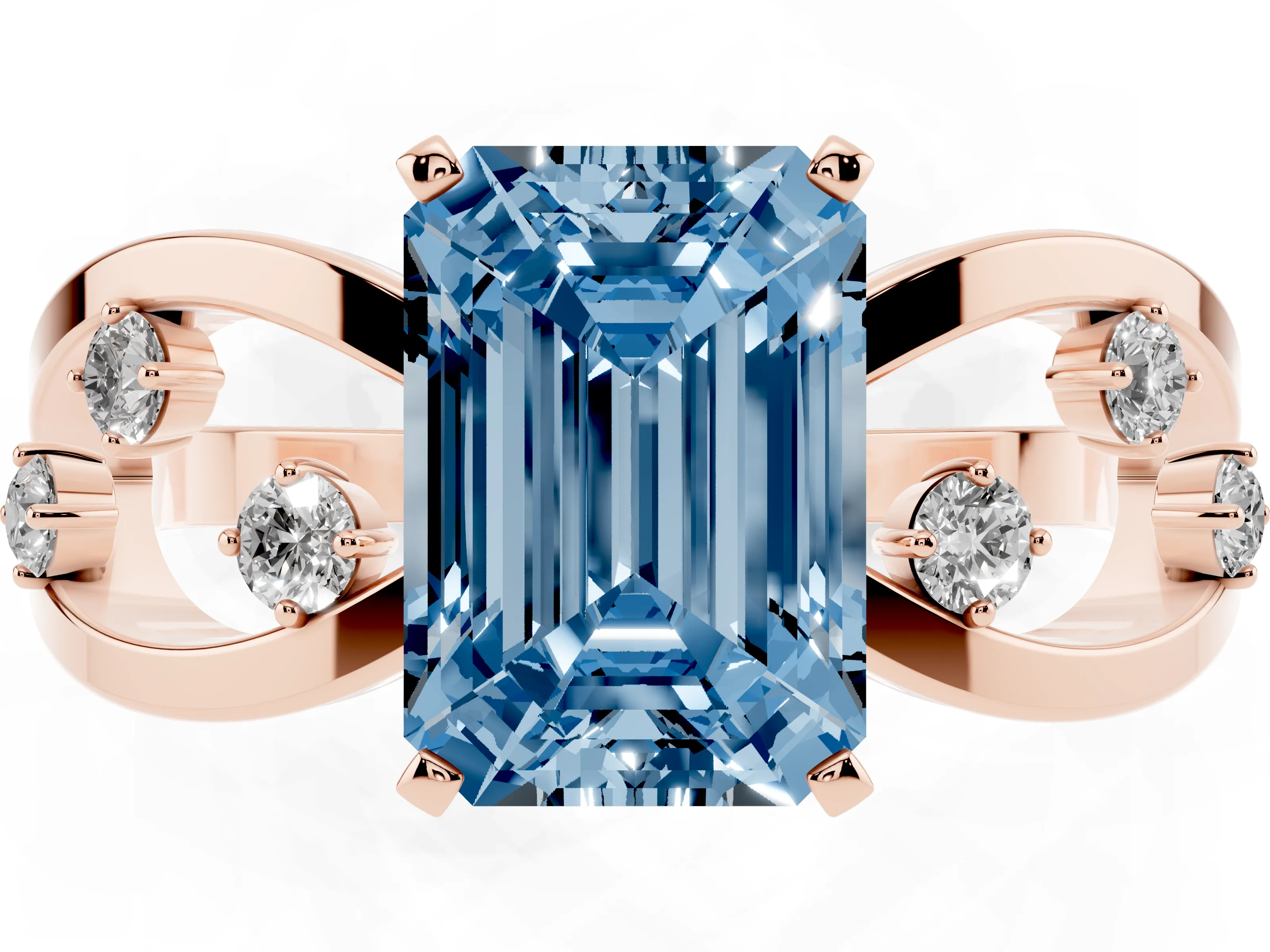 Fancy Blue Emerald Cut Diamond Solitaire Ring Set in Rose gold with Side Stones on Criss-Cross Band and Prong Setting