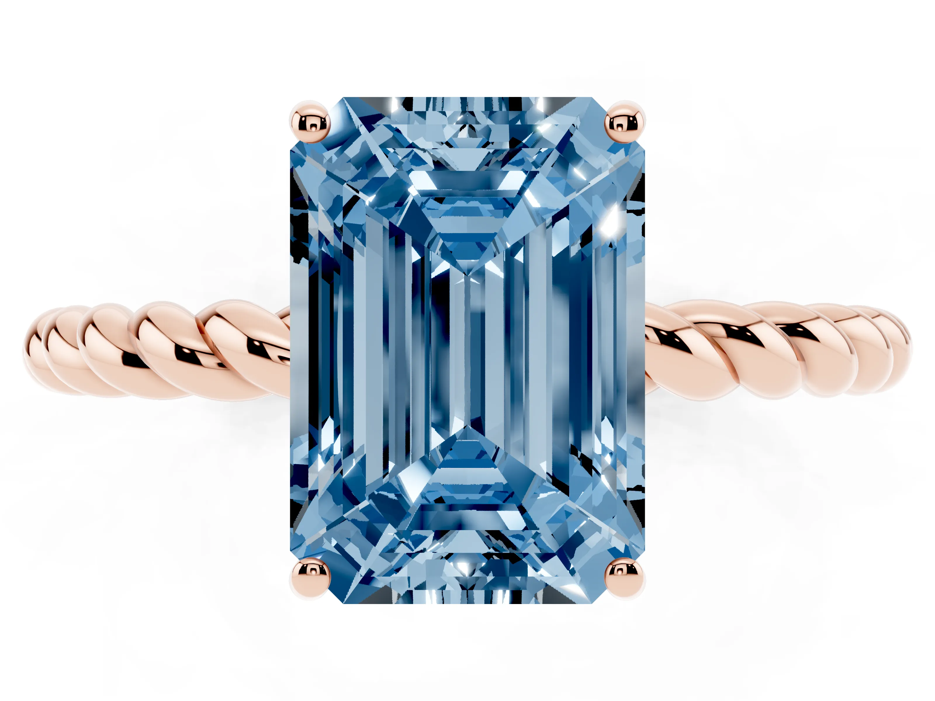 Fancy Blue Emerald Cut Diamond Solitaire Ring Set in Rose gold with Twist Band and Prong Setting