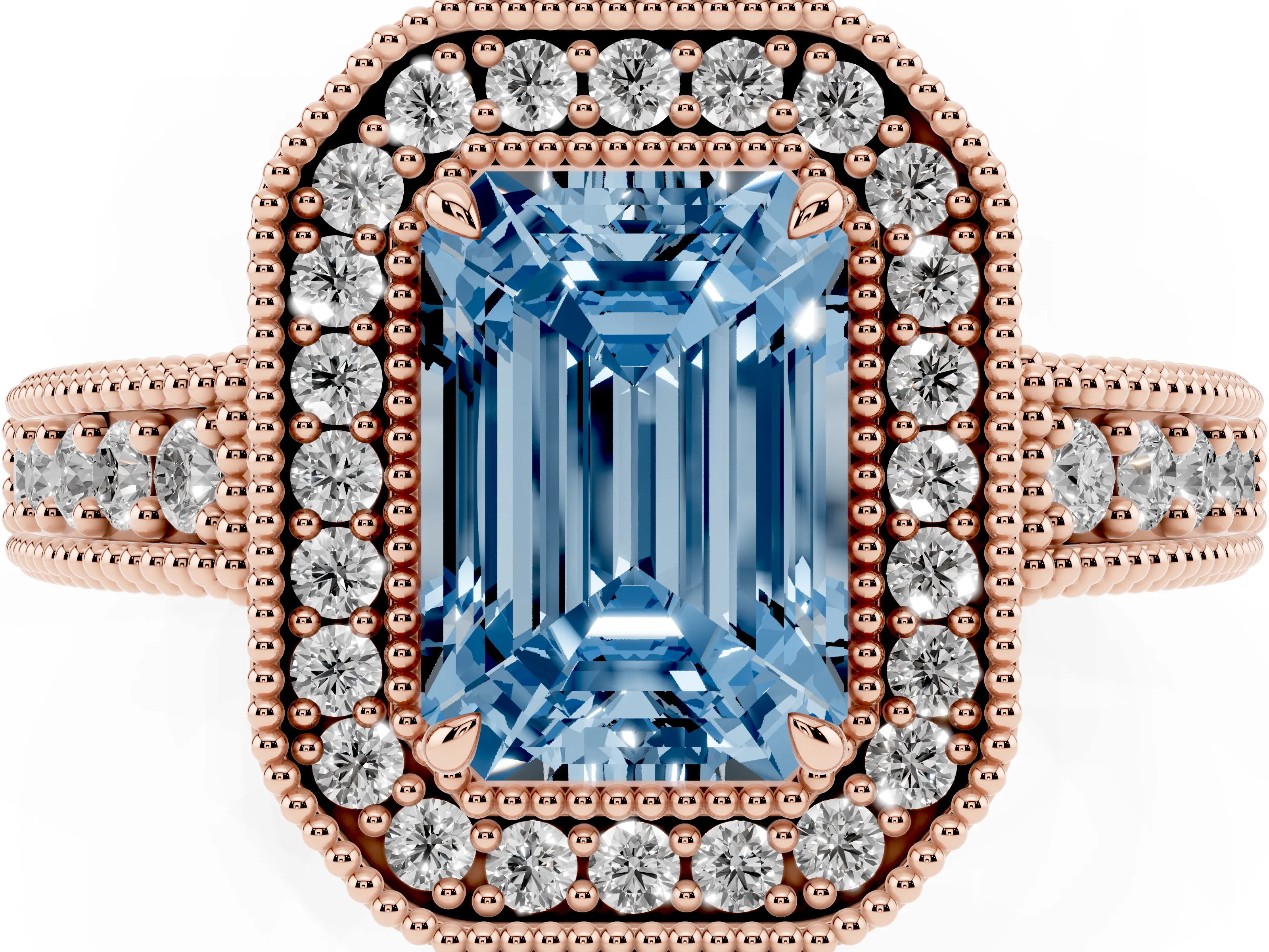 Fancy Blue Emerald Cut Diamond Halo Ring Set in Rose gold with Round Accent Halo, Pavé Band and Prong Setting