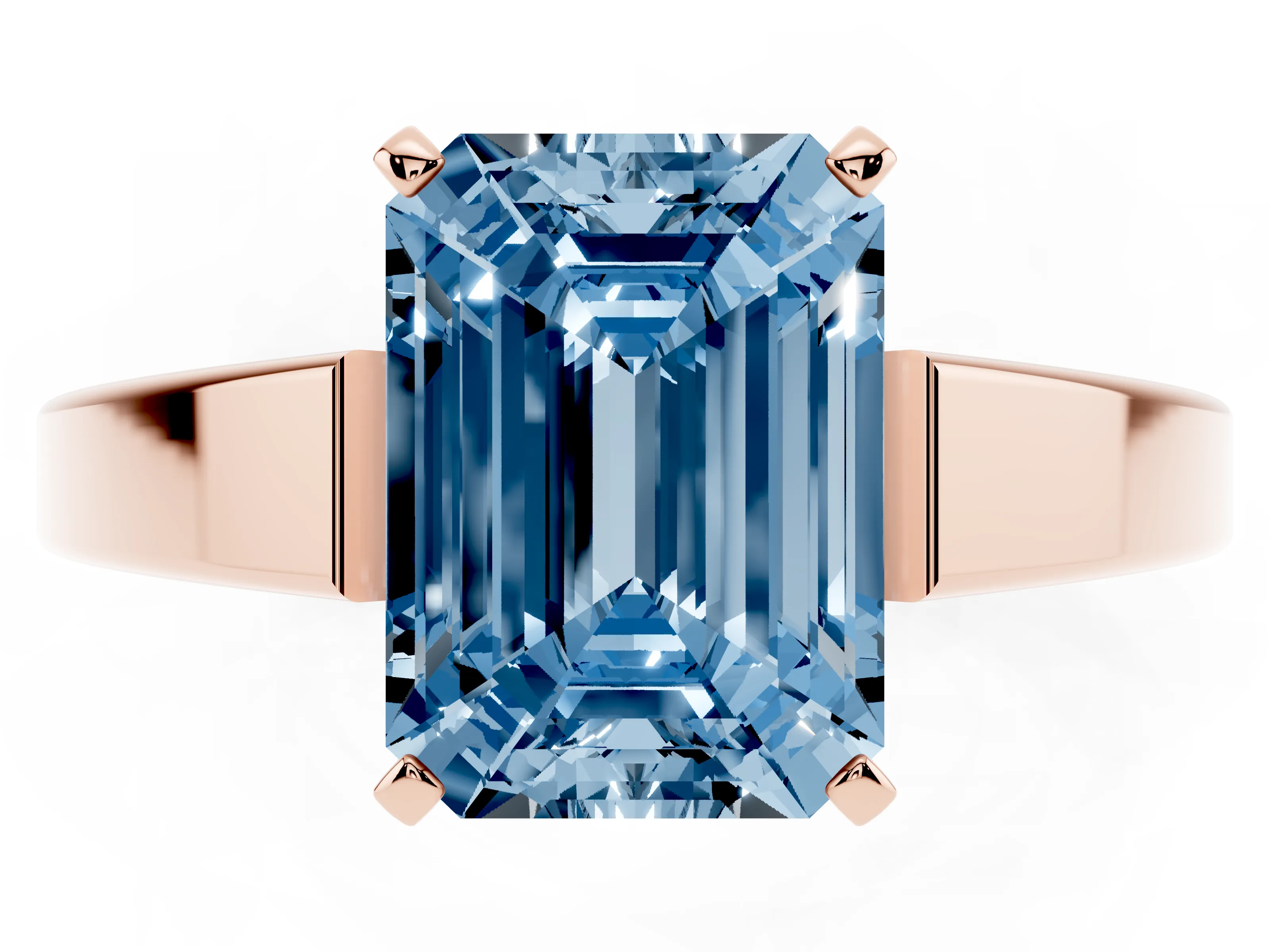 Fancy Blue Emerald Cut Diamond Solitaire Engagement Ring Set in Rose gold with Prong Setting and Tapered Band