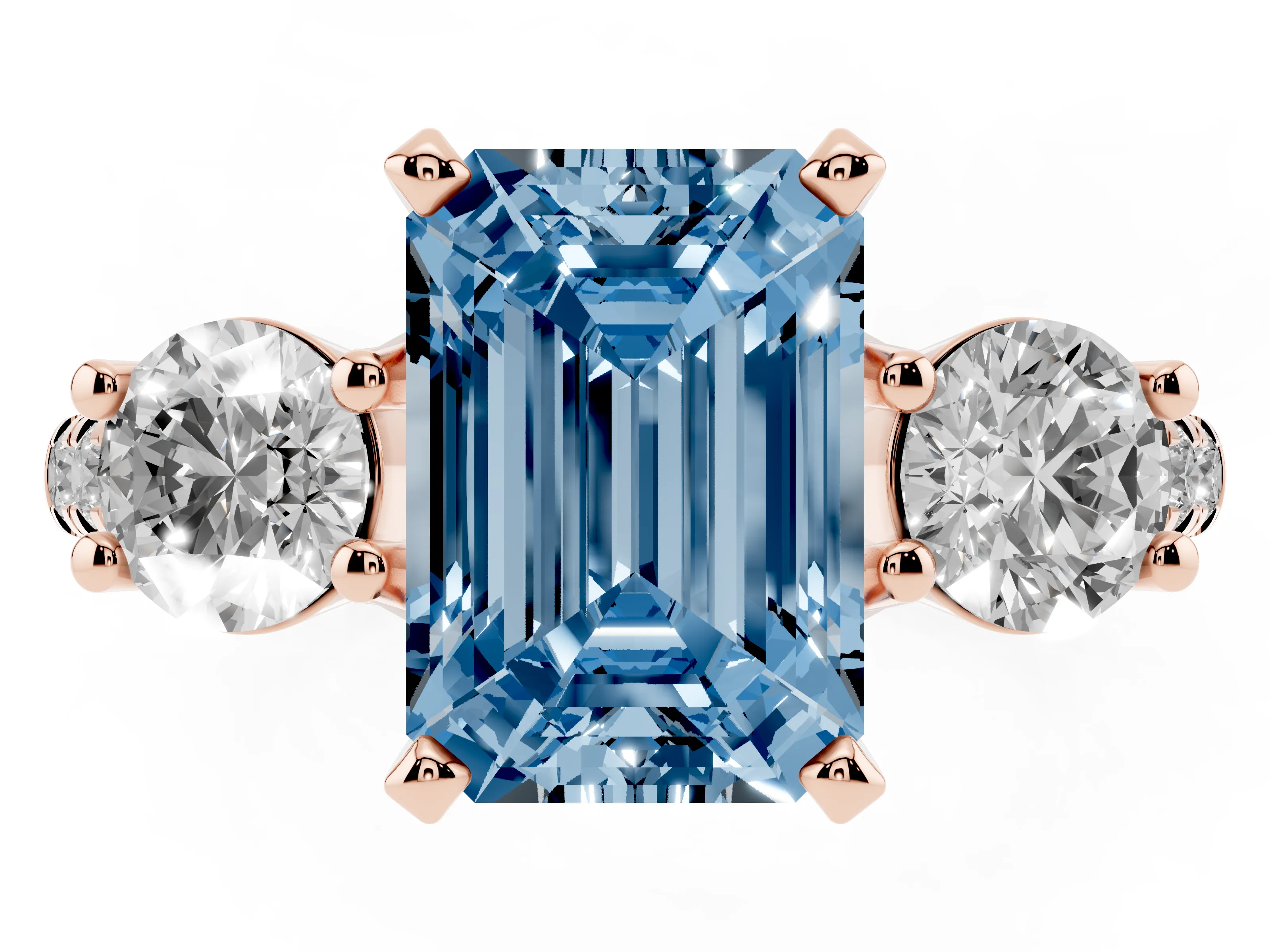 Fancy Blue Three-Stone Emerald Cut Diamond Pavé Band Ring Set in Rose gold with Prong-Set Trio