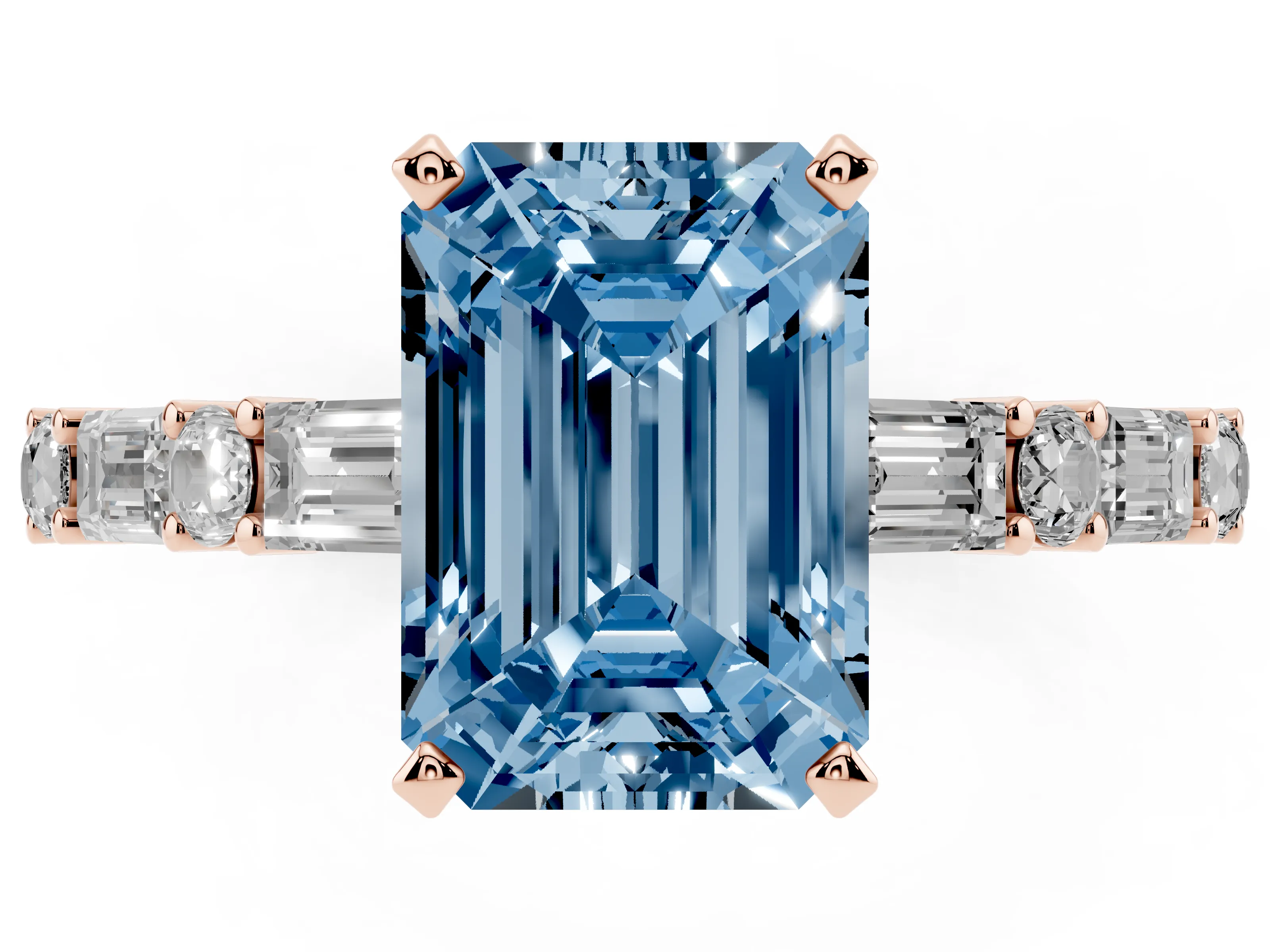 Fancy Blue Emerald Cut Diamond Solitaire Set in Rose gold with Side Baguettes and Channel Set Band