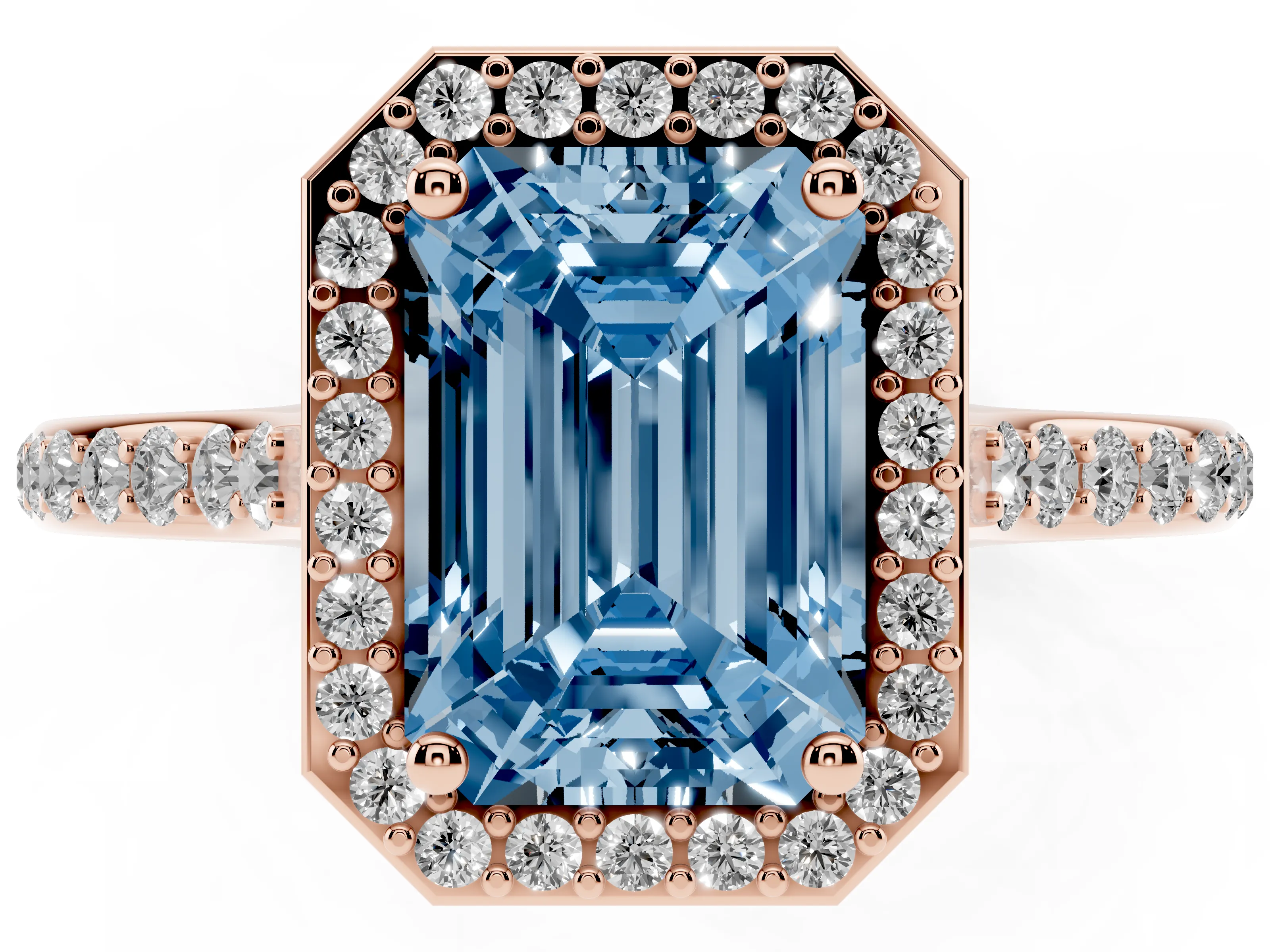 Fancy Blue Emerald Cut Diamond Halo Engagement Ring Set in Rose gold with Round Pavé Shoulders and Heart Gallery