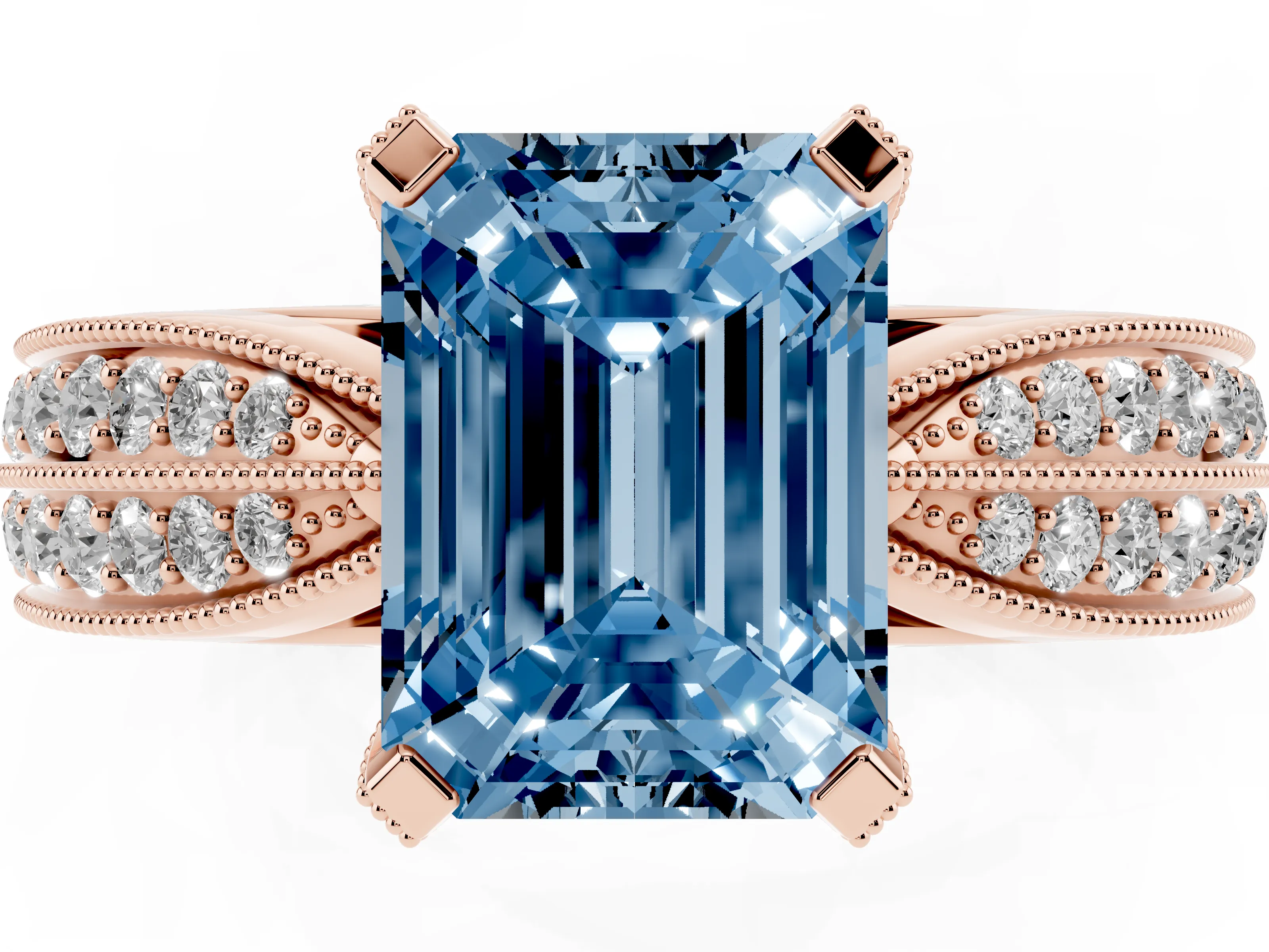 Fancy Blue Emerald Cut Diamond Solitaire Ring Set in Rose gold with Milgrain Double Row Round Pavé Band