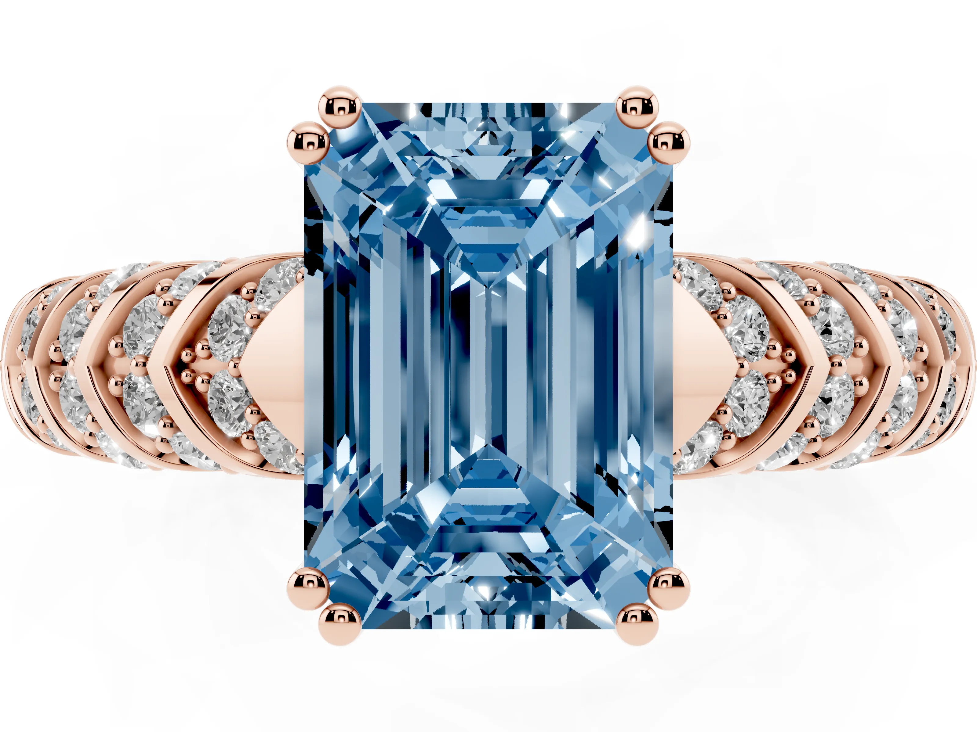 Fancy Blue Emerald Cut Diamond Solitaire Chevron Pavé Engagement Ring Set in Rose gold with Prong Setting