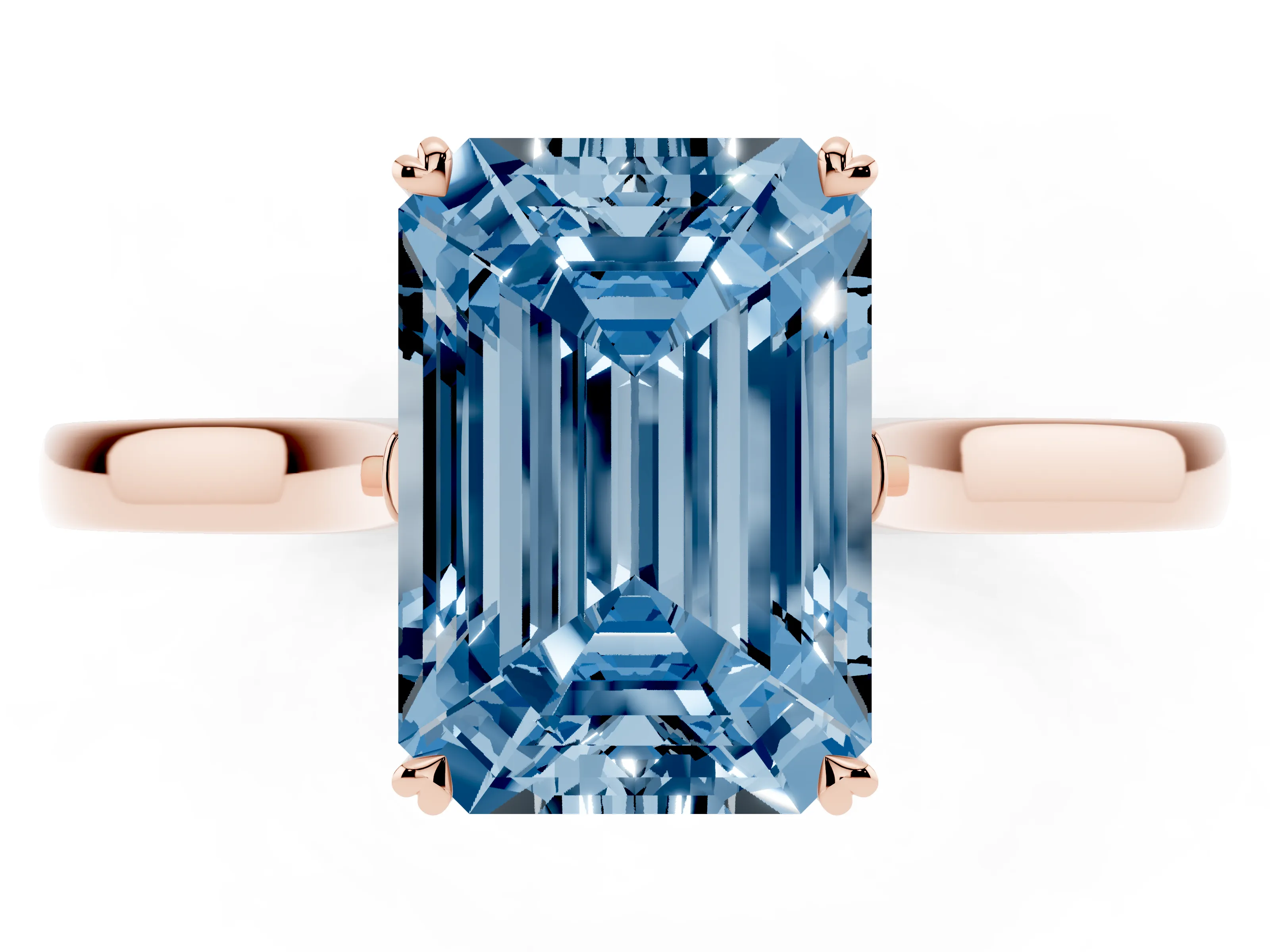 Fancy Blue Emerald Cut Diamond Solitaire Heart Prong Engagement Ring Set in Rose gold with Tapered Band