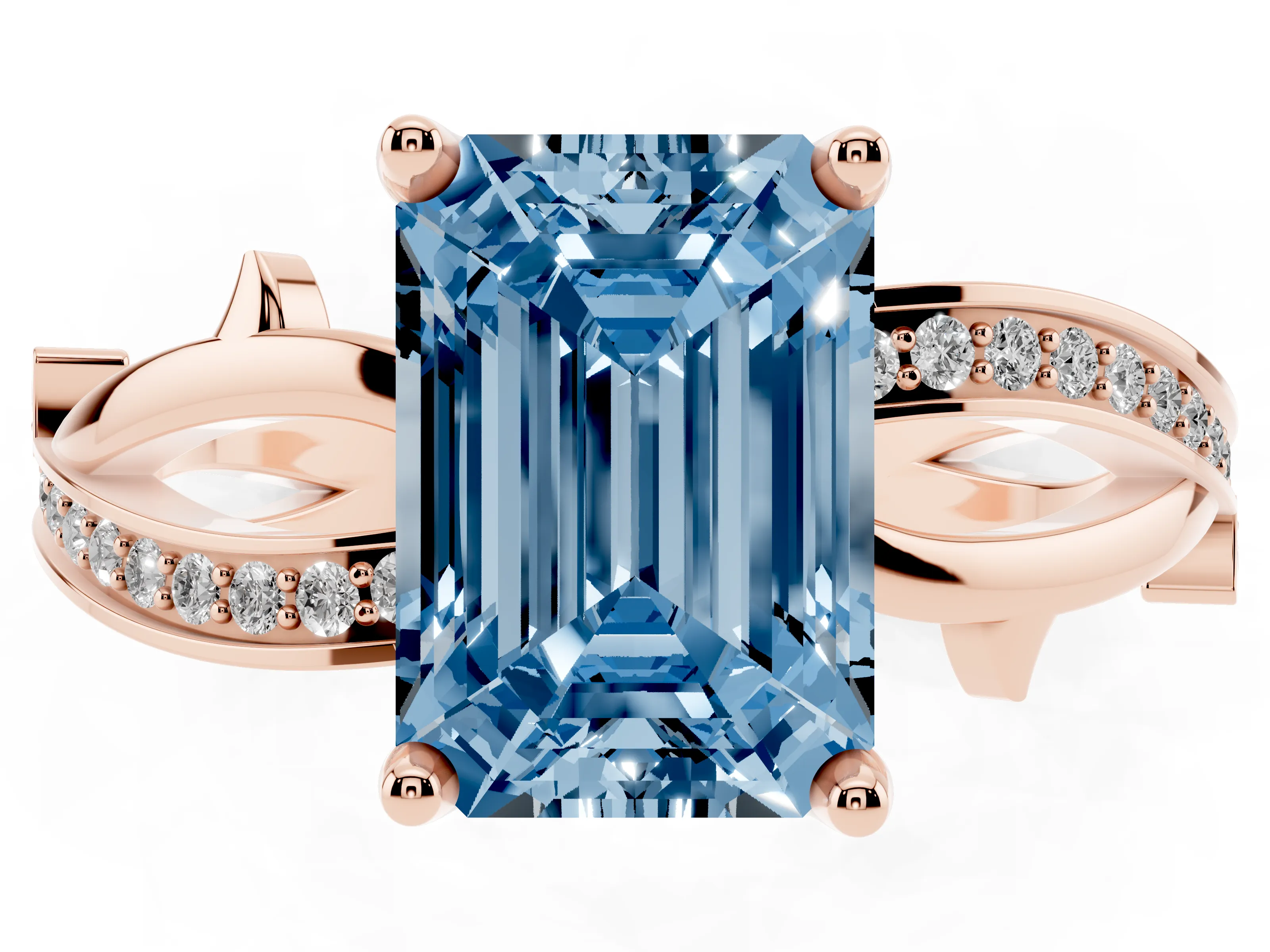 Fancy Blue Emerald Cut Diamond Pavé Twist Band Solitaire Ring Set in Rose gold with Prong Setting