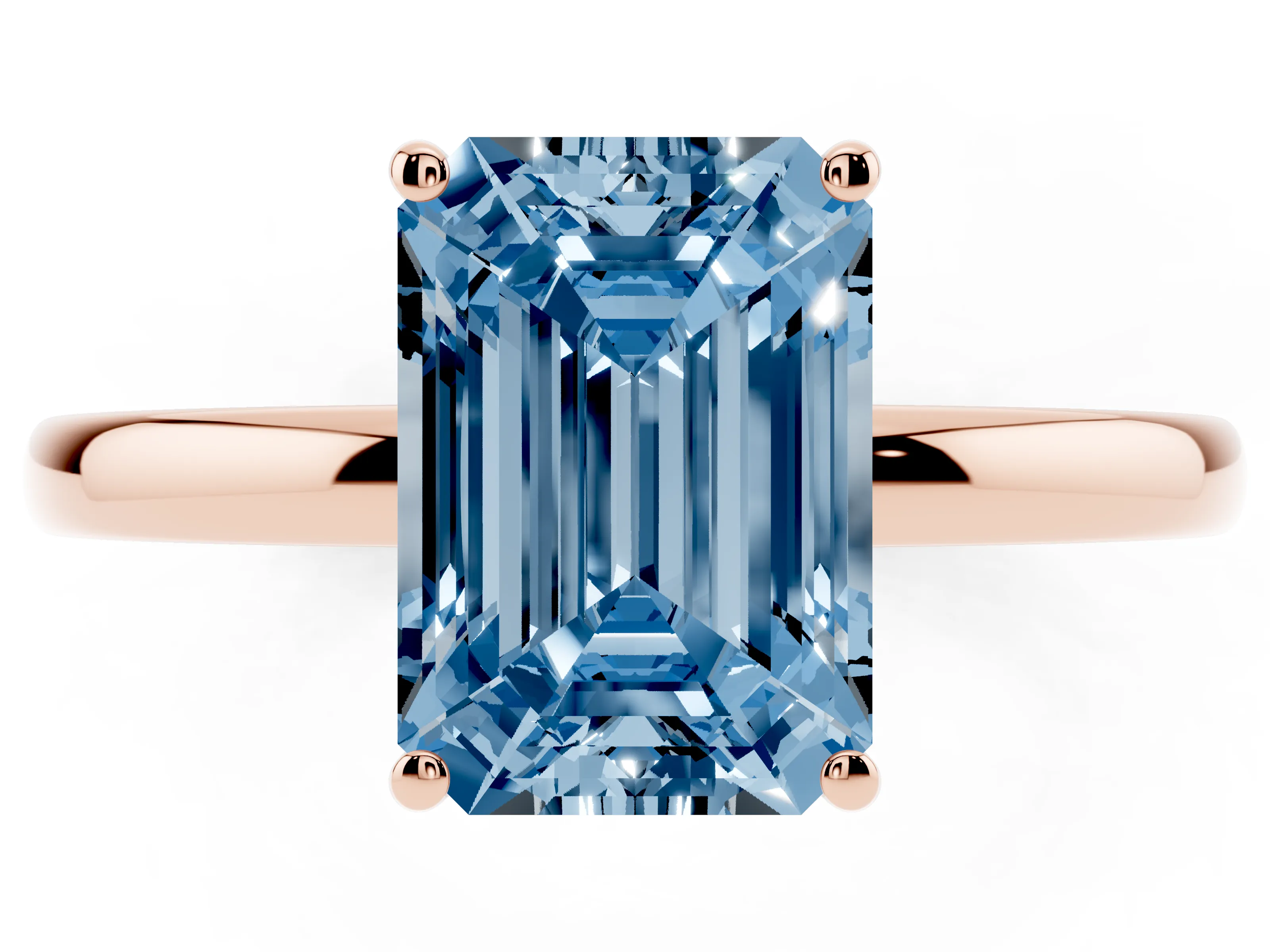 Fancy Blue Emerald Cut Diamond Solitaire Ring Set in Rose gold with Plain Band and Prong Setting