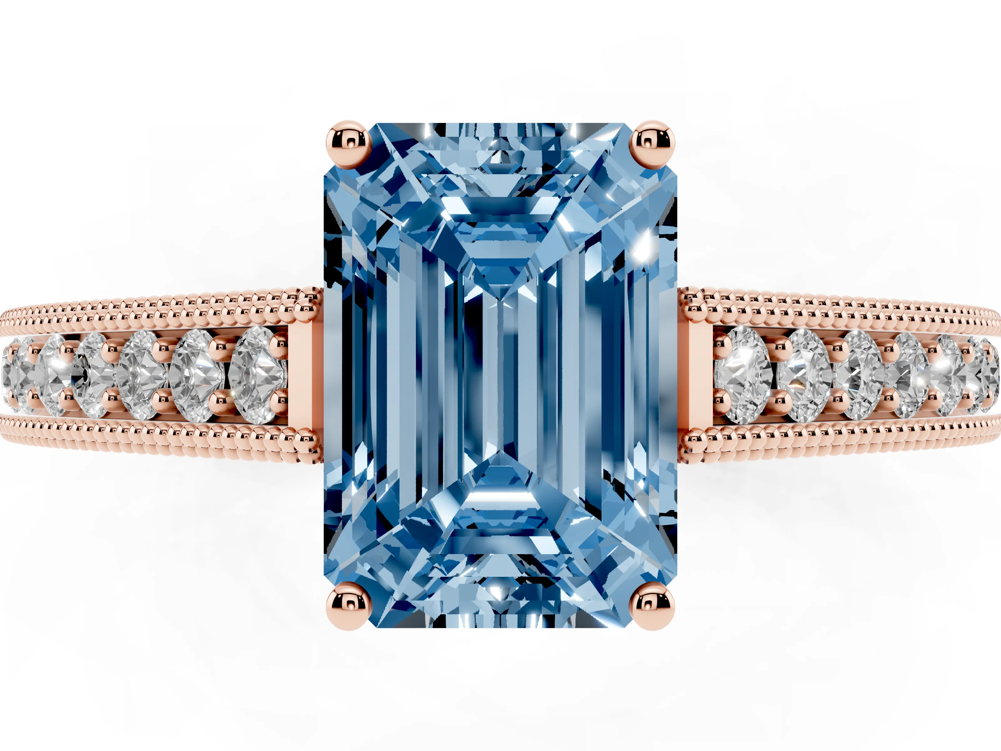 Fancy Blue Emerald Cut Diamond Milgrain Pavé Band Solitaire Ring Set in Rose gold with Prong Setting