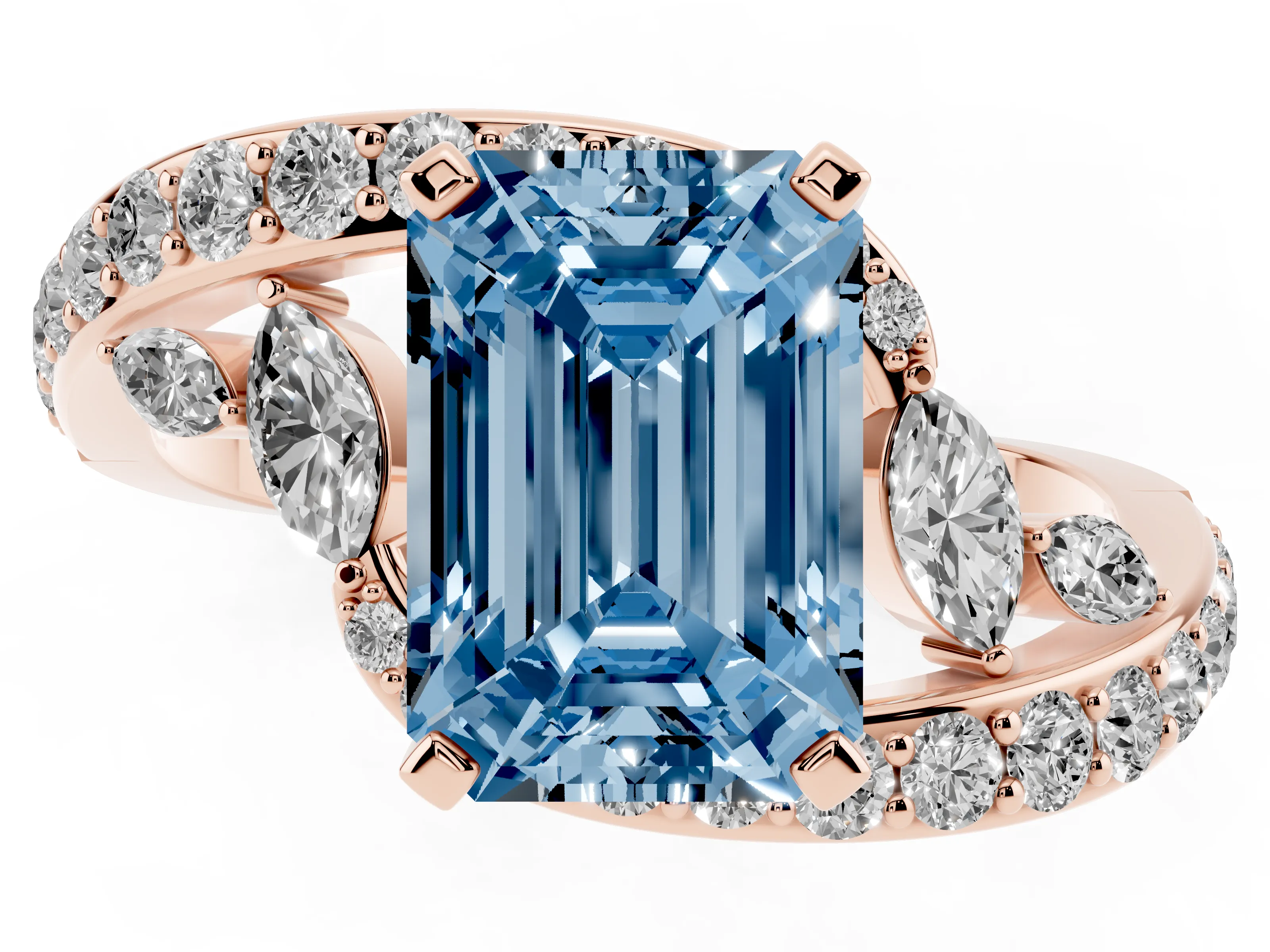 Fancy Blue Emerald Cut Diamond Solitaire Ring Set in Rose gold with Pavé Twist Band and Secure Prong Setting