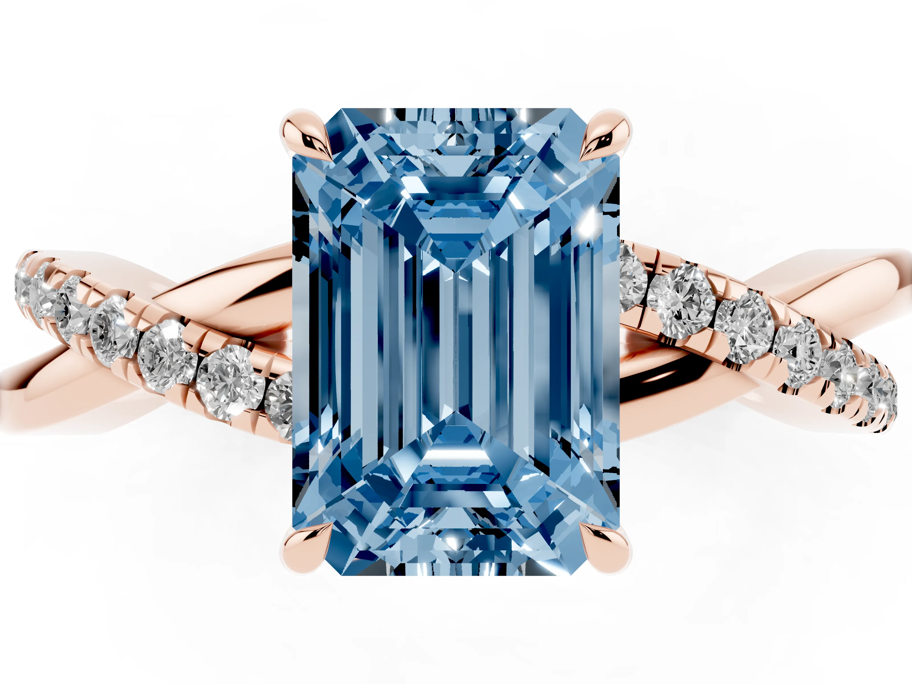 Fancy Blue Emerald Cut Diamond Twisted Pavé Band Ring Set in Rose gold with Prong Setting