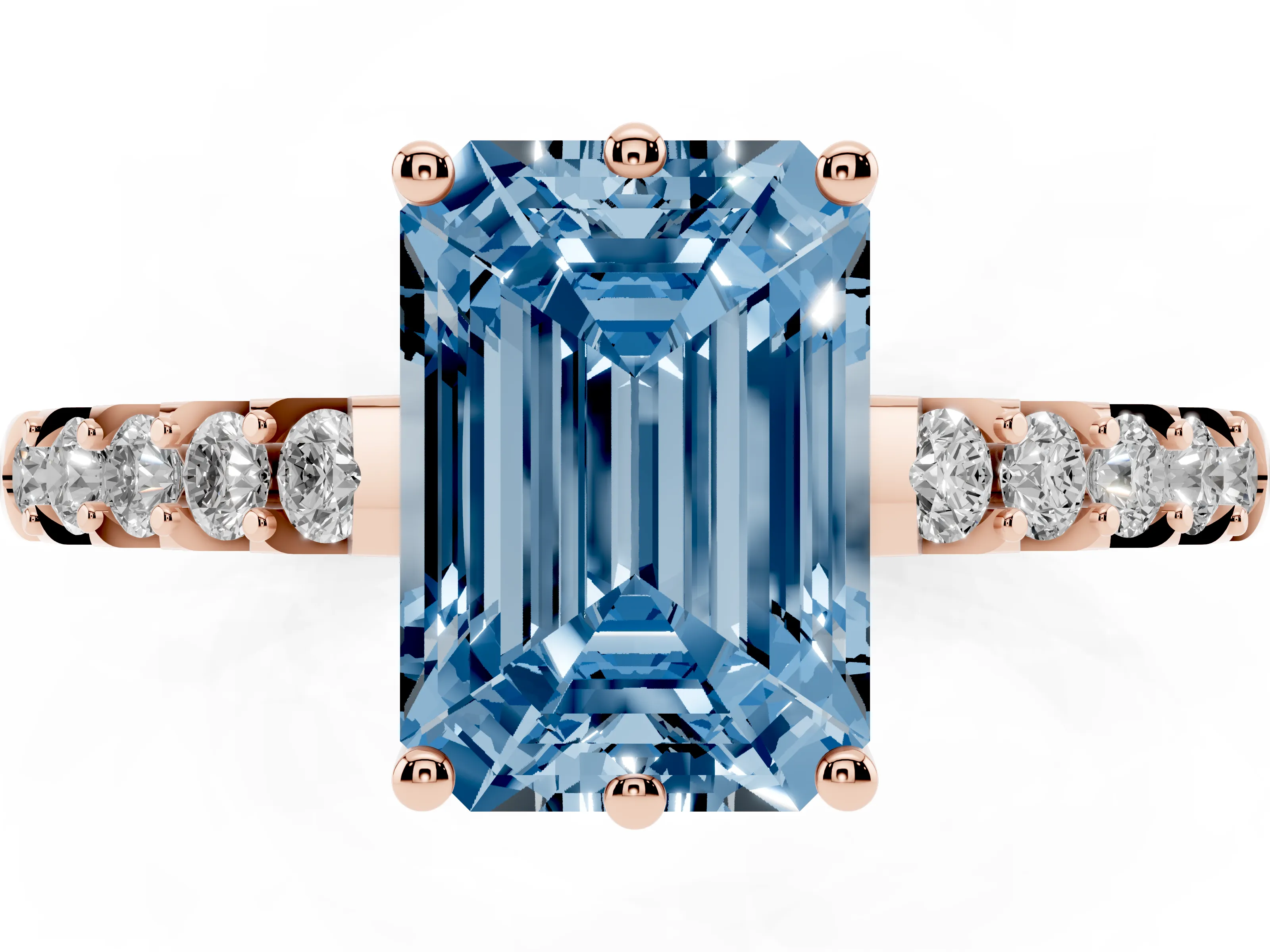 Fancy Blue Emerald Cut Diamond Solitaire Engagement Ring Set in Rose gold with Pavé Band and Prong Setting