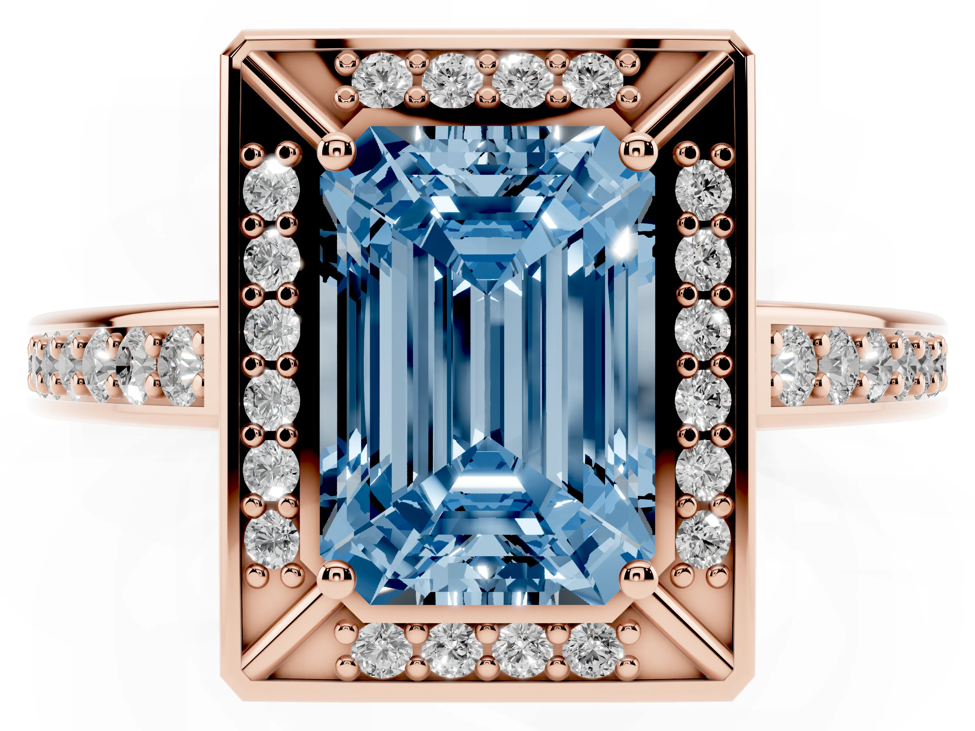Fancy Blue Emerald Cut Diamond Halo Pavé Split Shank Ring Set in Rose gold with Prong Setting